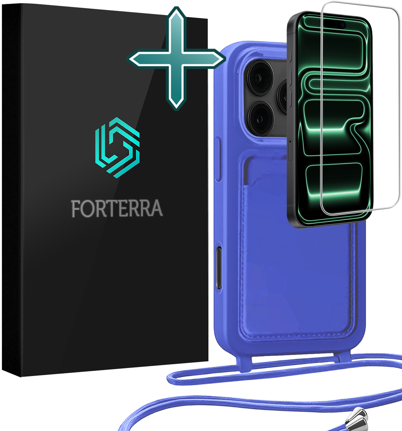 Forterra Forterra iPhone 17 Pro Hoesje Pashouder met Koord Met Screenprotector - Fel Blauw
