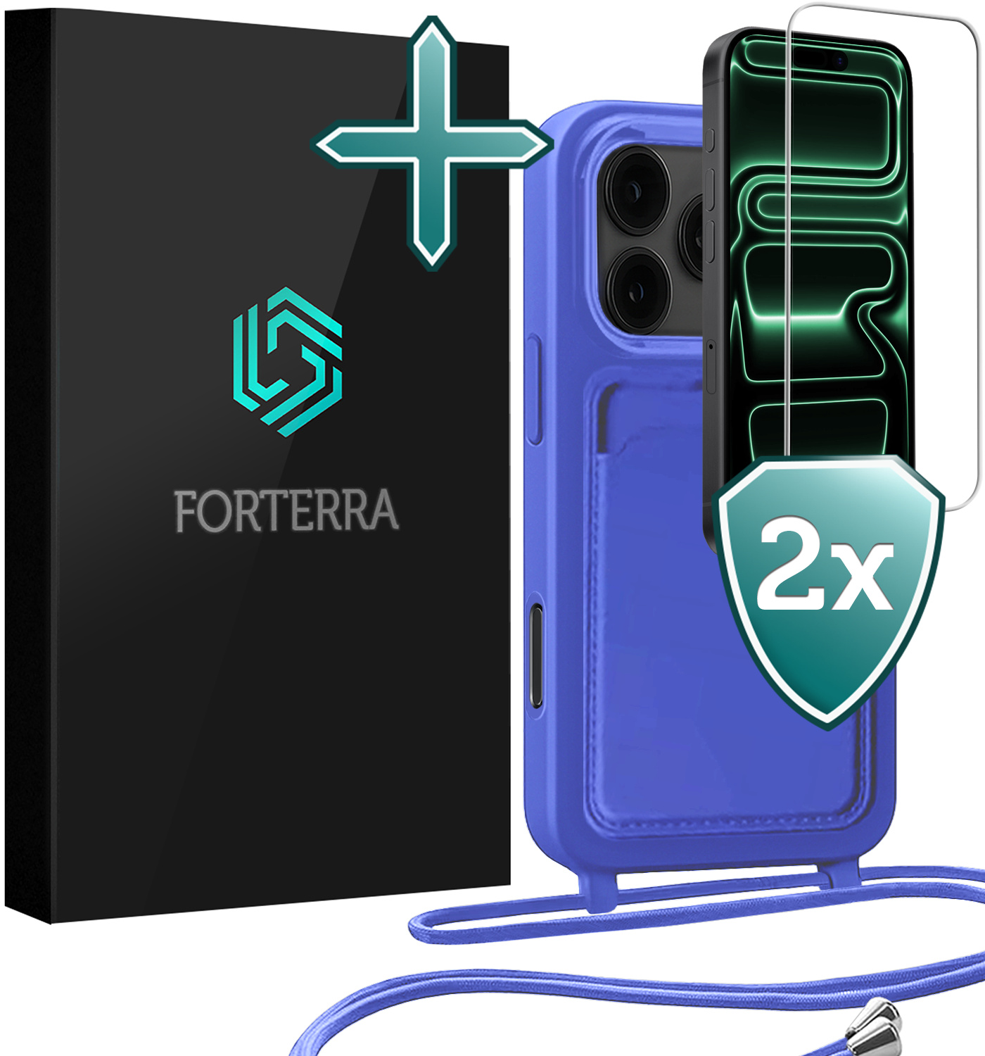 Forterra Forterra iPhone 17 Pro Hoesje Pashouder met Koord Met 2x Screenprotector - Fel Blauw