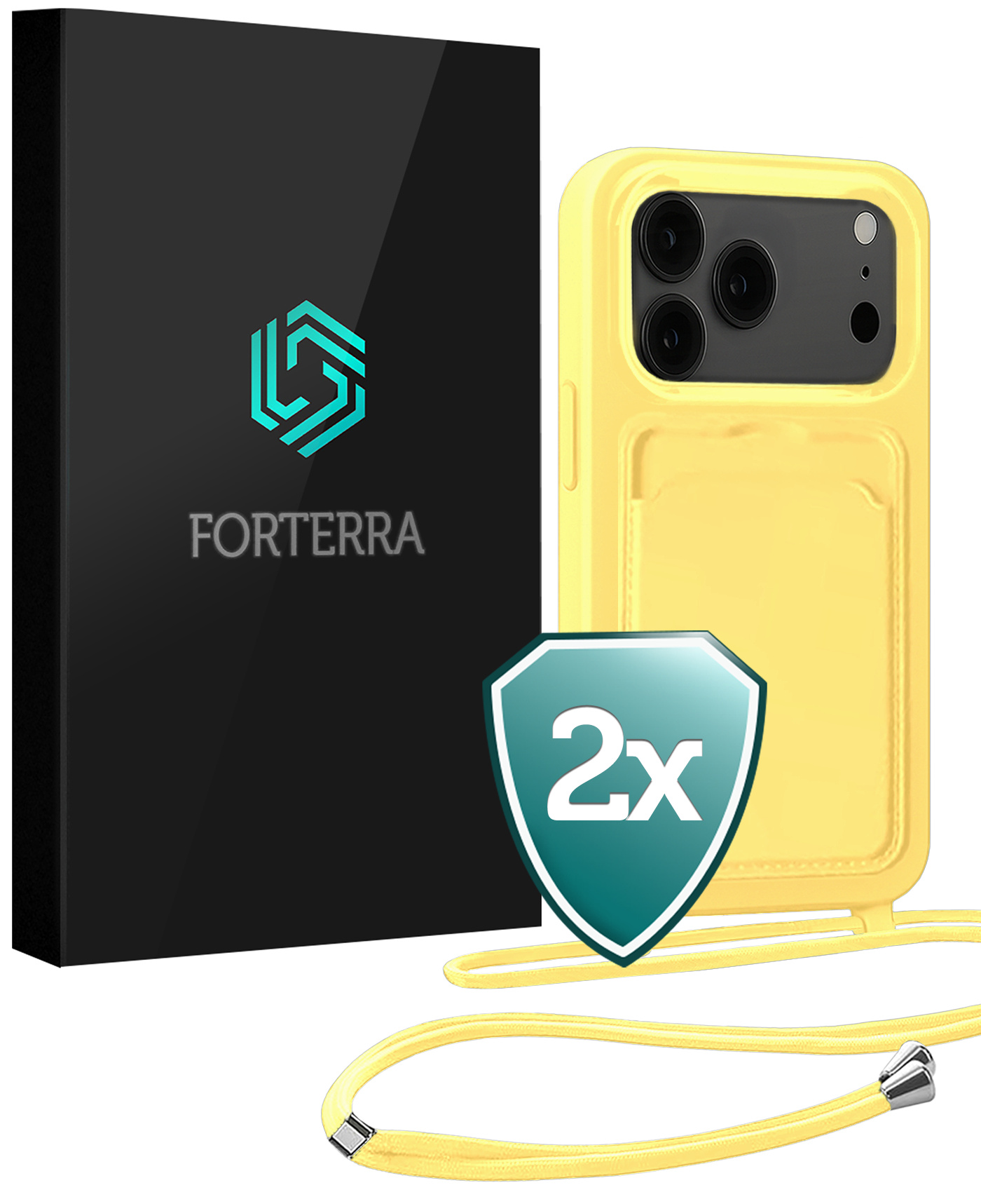Forterra Forterra iPhone 17 Pro Hoesje Pashouder met Koord - Geel - 2 PACK