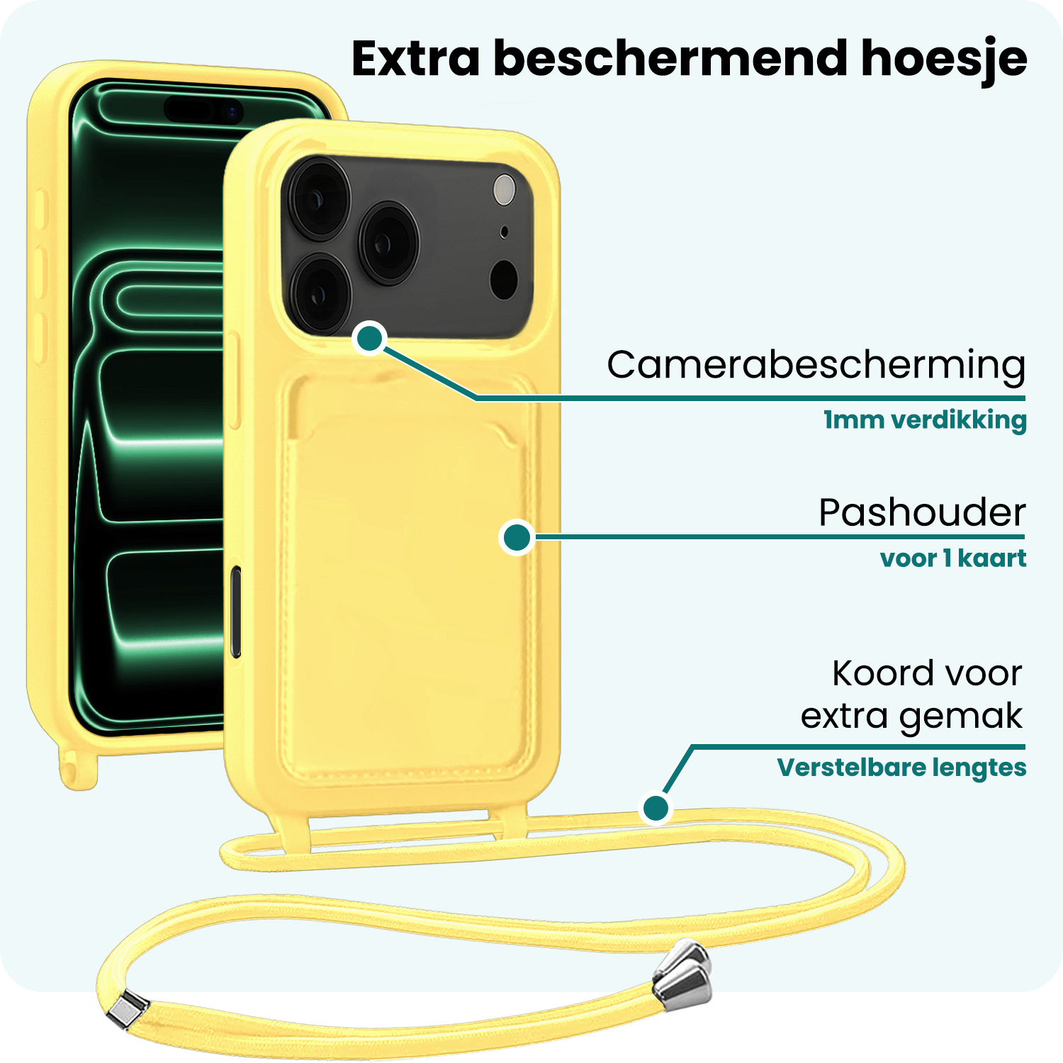 Forterra Forterra iPhone 17 Pro Hoesje Pashouder met Koord Met 2x Screenprotector - Geel