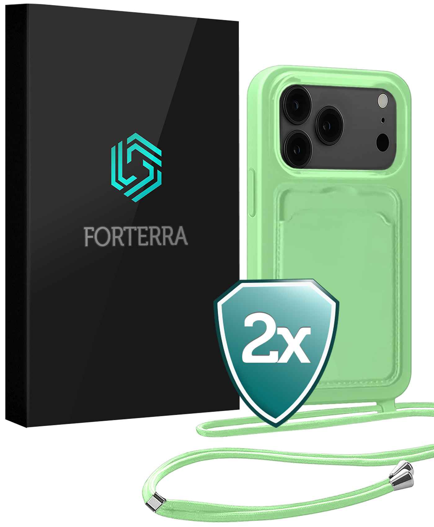 Forterra Forterra iPhone 17 Pro Hoesje Pashouder met Koord - Groen - 2 PACK
