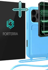 Forterra Forterra iPhone 17 Pro Hoesje Pashouder met Koord Met Screenprotector - Lichtblauw
