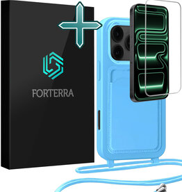 Forterra Forterra iPhone 17 Pro Hoesje Pashouder met Koord Met Screenprotector - Lichtblauw