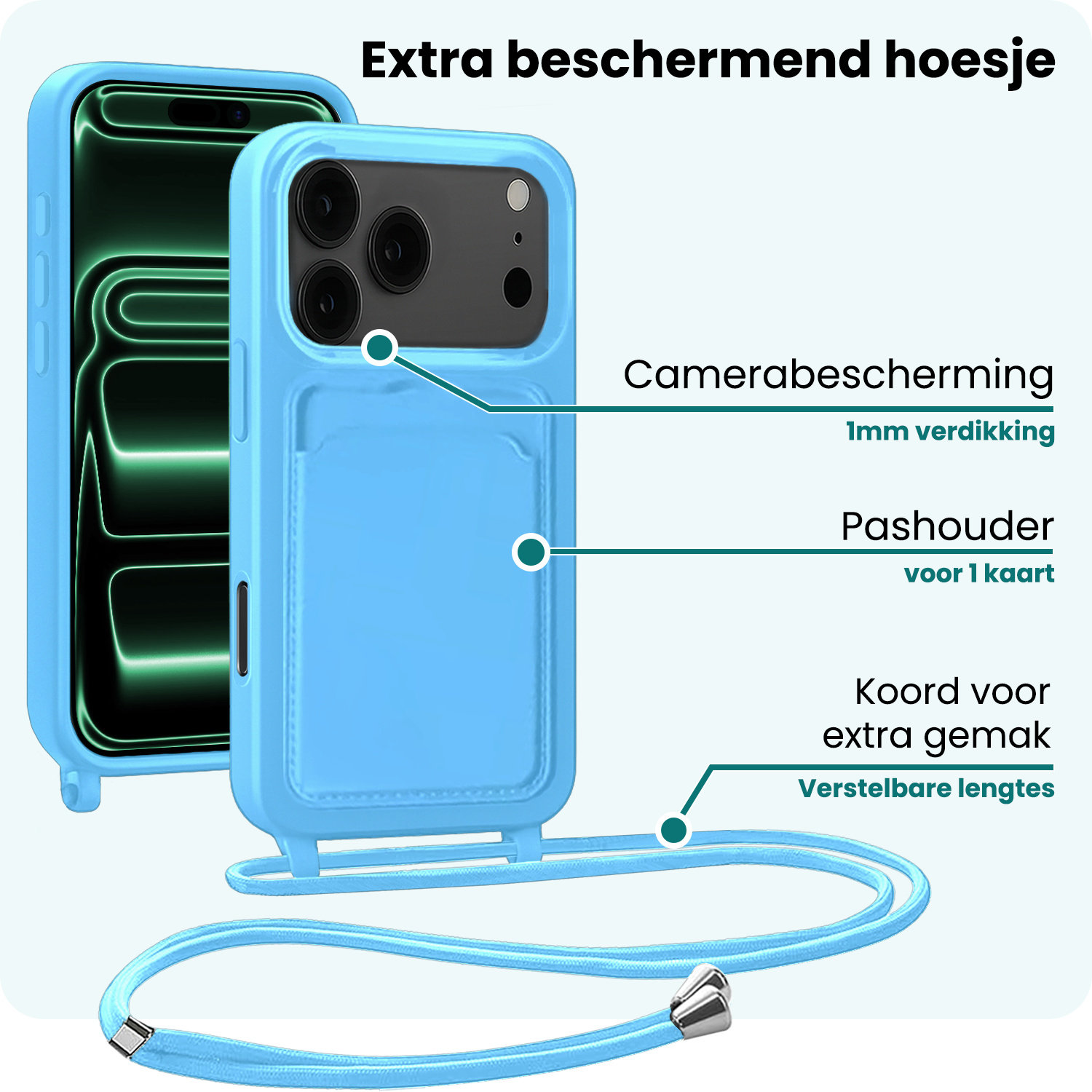Forterra Forterra iPhone 17 Pro Hoesje Pashouder met Koord Met 2x Screenprotector - Lichtblauw