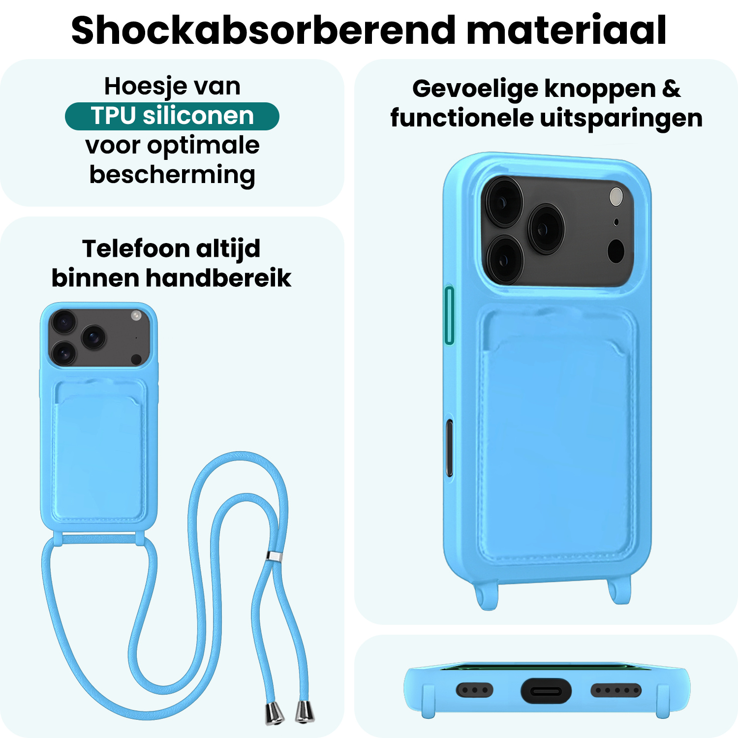Forterra Forterra iPhone 17 Pro Hoesje Pashouder met Koord Met 2x Screenprotector - Lichtblauw