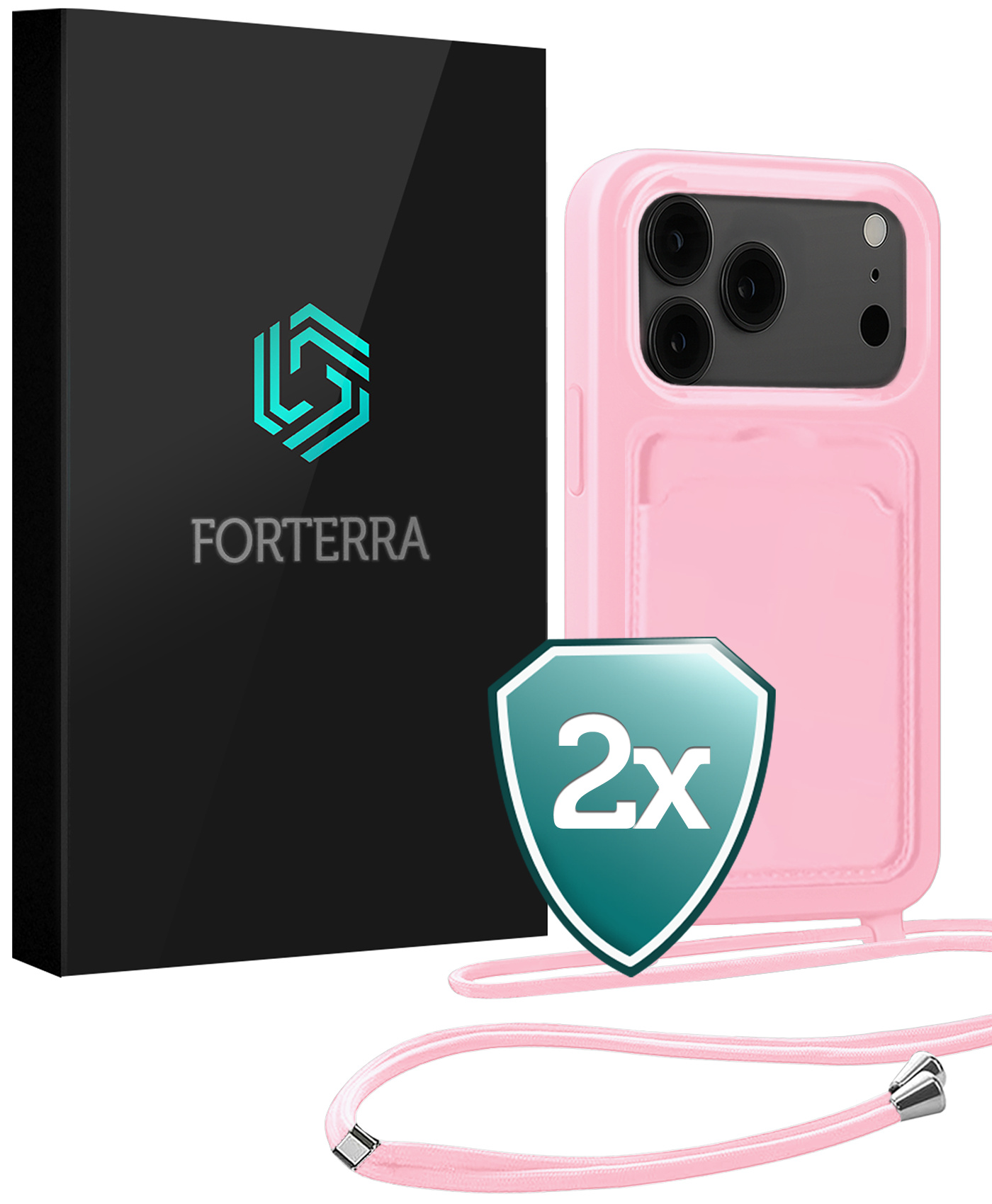 Forterra Forterra iPhone 17 Pro Hoesje Pashouder met Koord - Lichtroze - 2 PACK