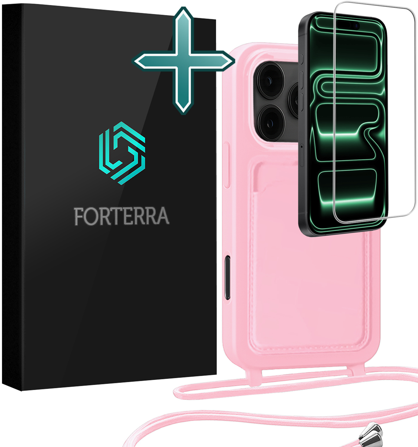 Forterra Forterra iPhone 17 Pro Hoesje Pashouder met Koord Met Screenprotector - Lichtroze