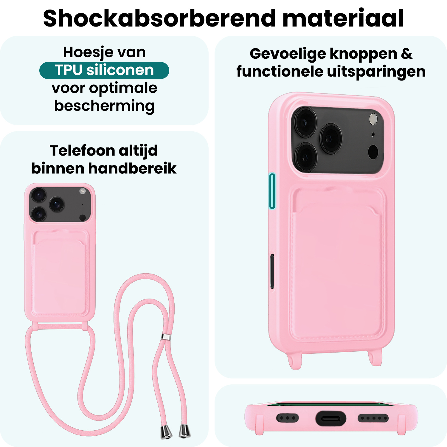 Forterra Forterra iPhone 17 Pro Hoesje Pashouder met Koord Met Screenprotector - Lichtroze