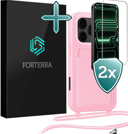 Forterra Forterra iPhone 17 Pro Hoesje Pashouder met Koord Met 2x Screenprotector - Lichtroze