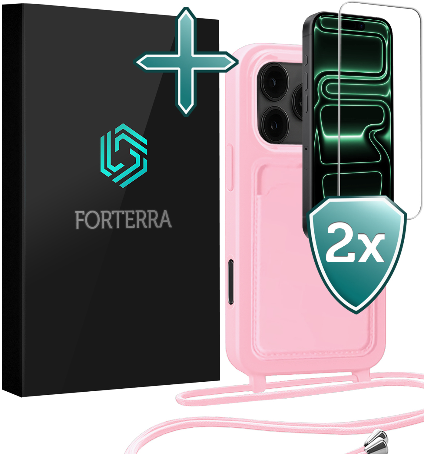 Forterra Forterra iPhone 17 Pro Hoesje Pashouder met Koord Met 2x Screenprotector - Lichtroze