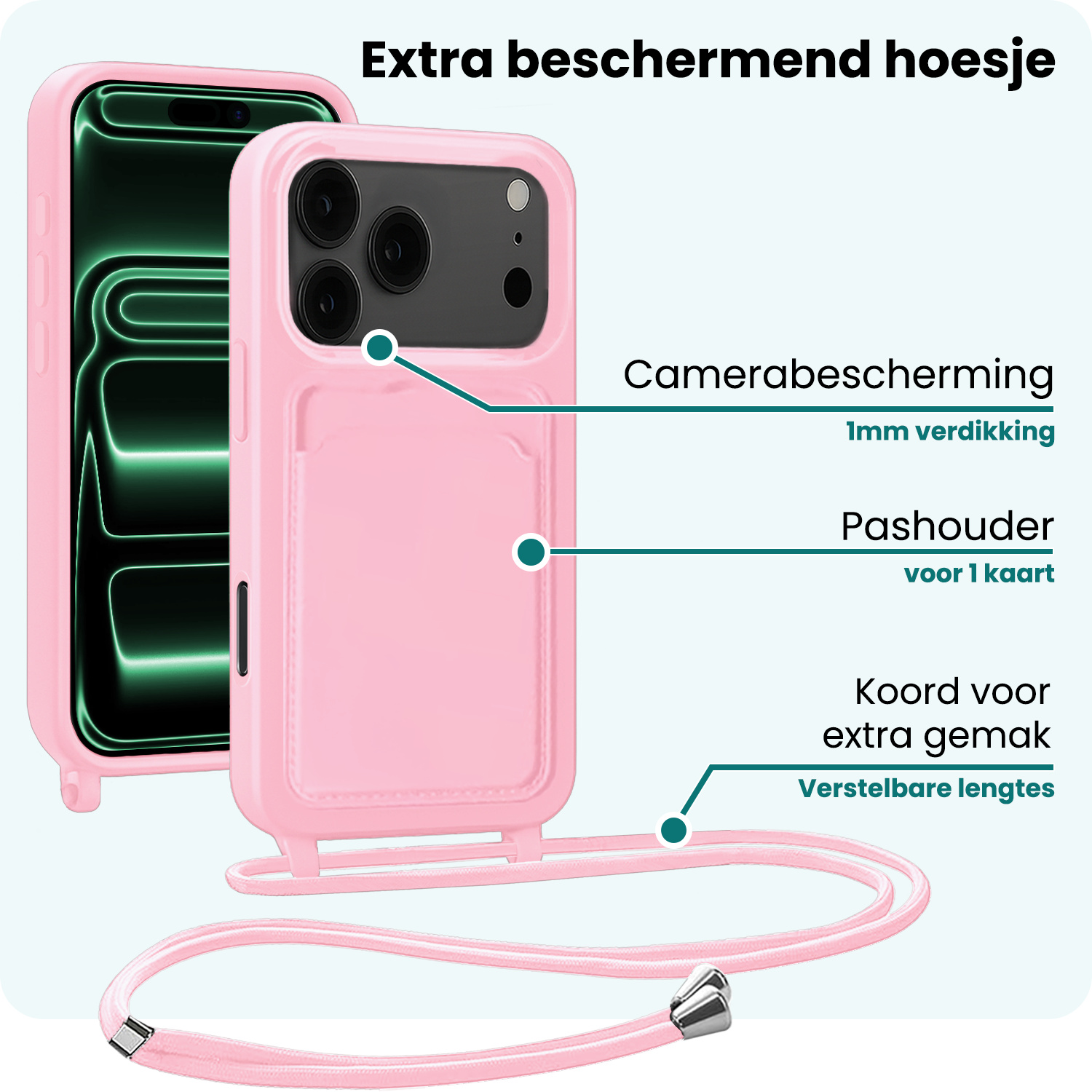 Forterra Forterra iPhone 17 Pro Hoesje Pashouder met Koord Met 2x Screenprotector - Lichtroze