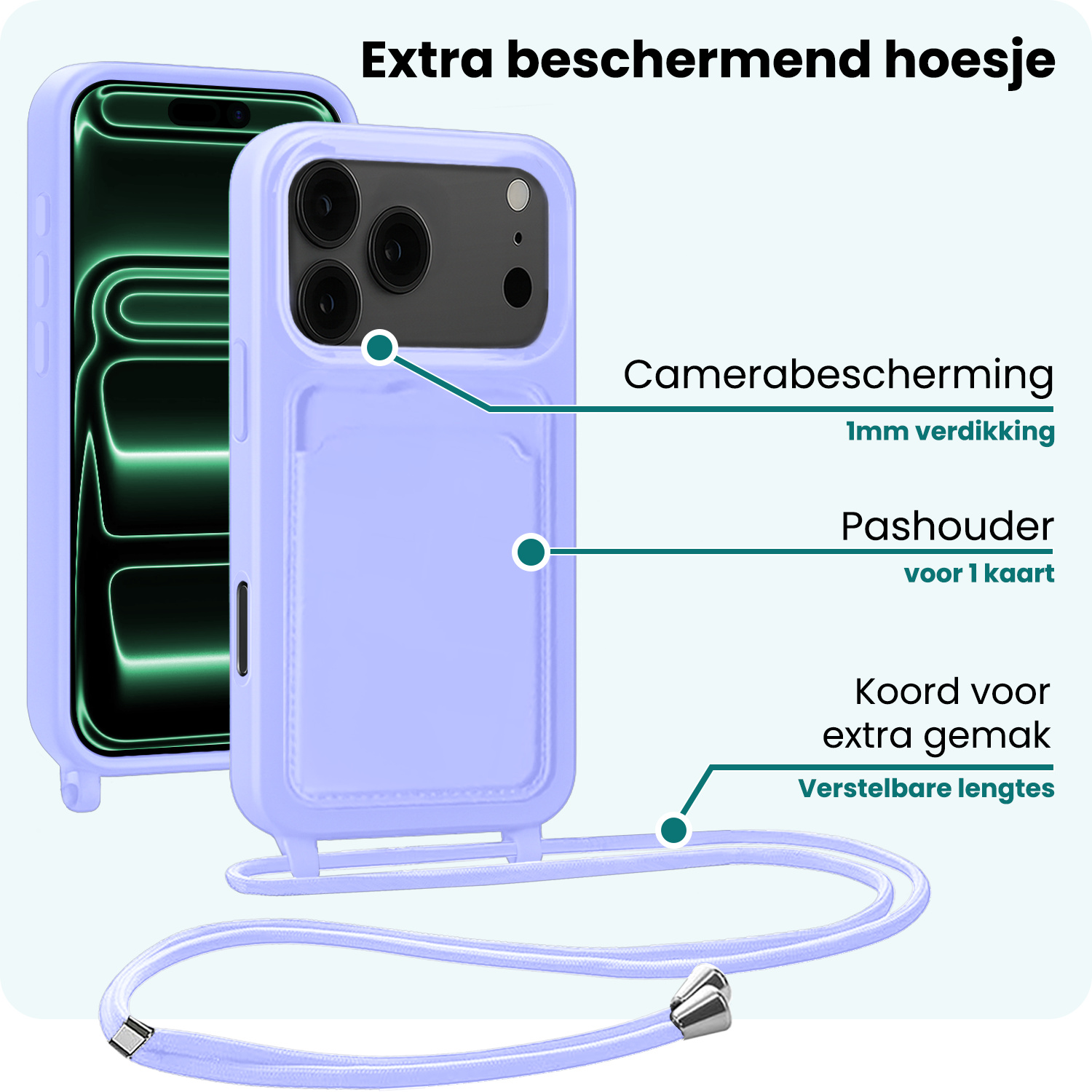 Forterra Forterra iPhone 17 Pro Hoesje Pashouder met Koord - Lila