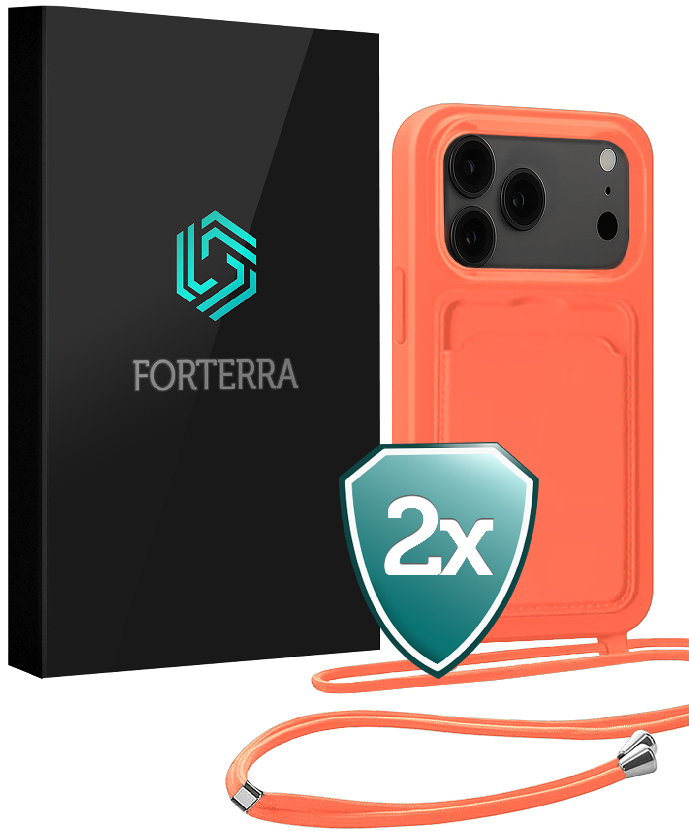 Forterra Forterra iPhone 17 Pro Hoesje Pashouder met Koord - Papaya - 2 PACK