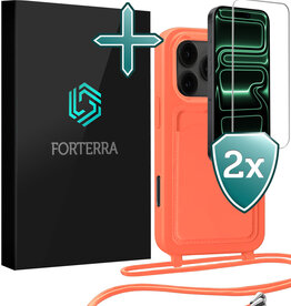 Forterra Forterra iPhone 17 Pro Hoesje Pashouder met Koord Met 2x Screenprotector - Papaya