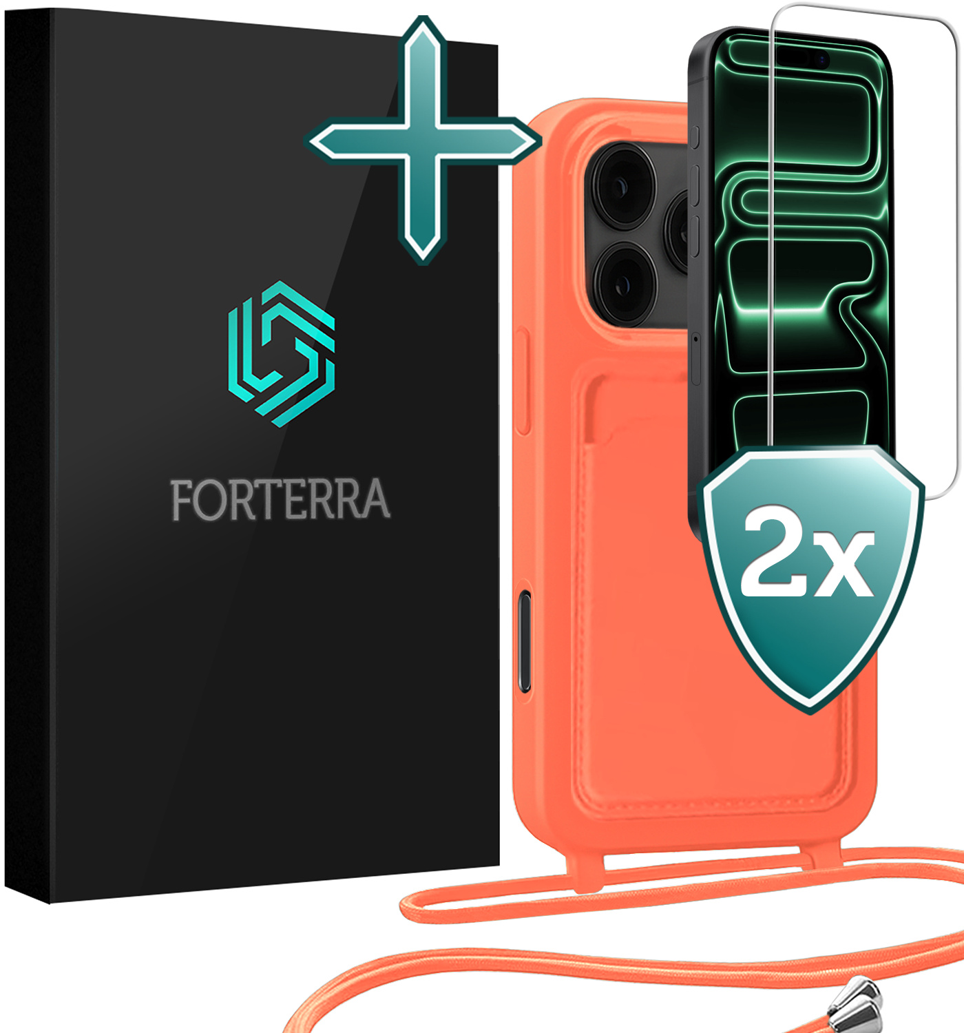 Forterra Forterra iPhone 17 Pro Hoesje Pashouder met Koord Met 2x Screenprotector - Papaya