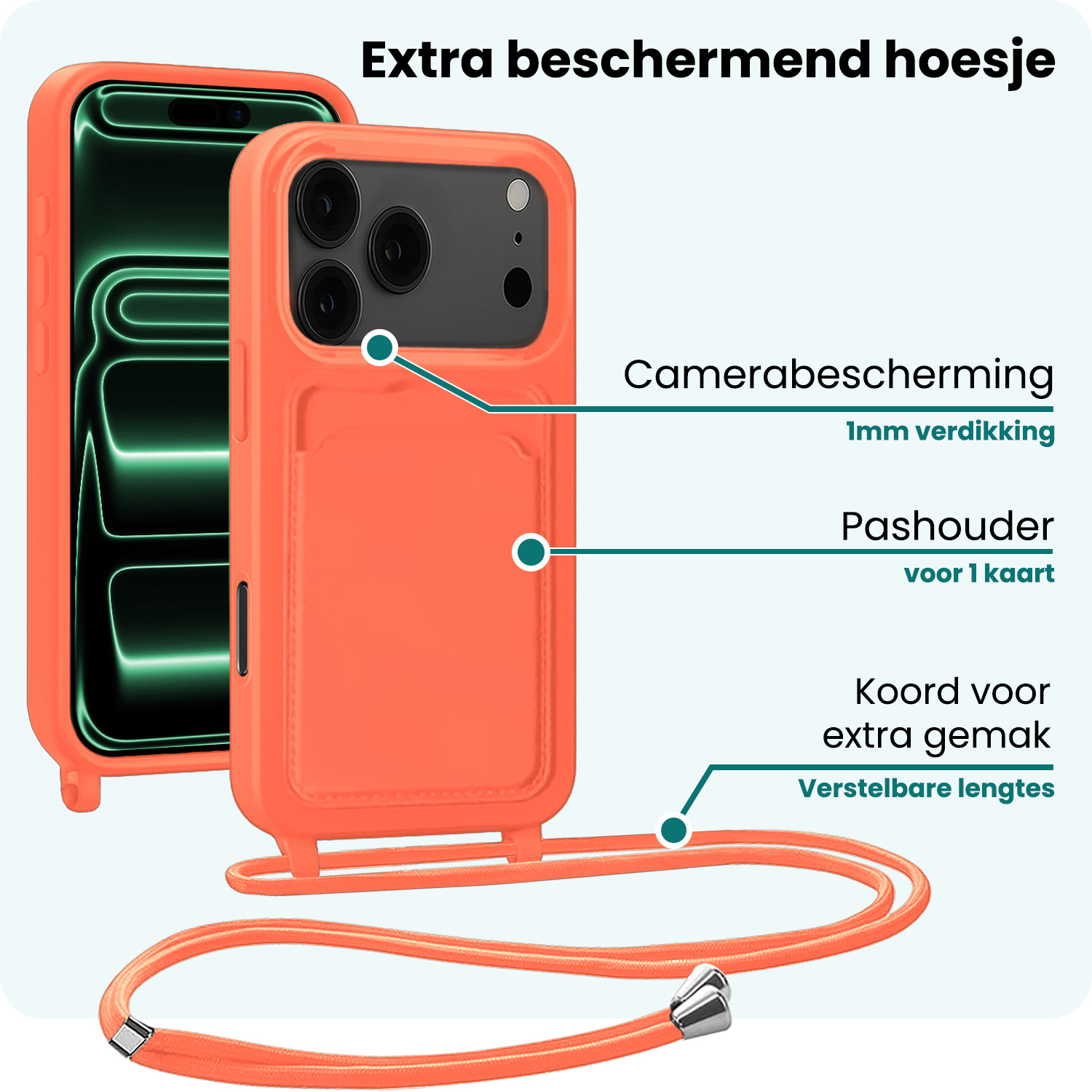Forterra Forterra iPhone 17 Pro Hoesje Pashouder met Koord Met 2x Screenprotector - Papaya
