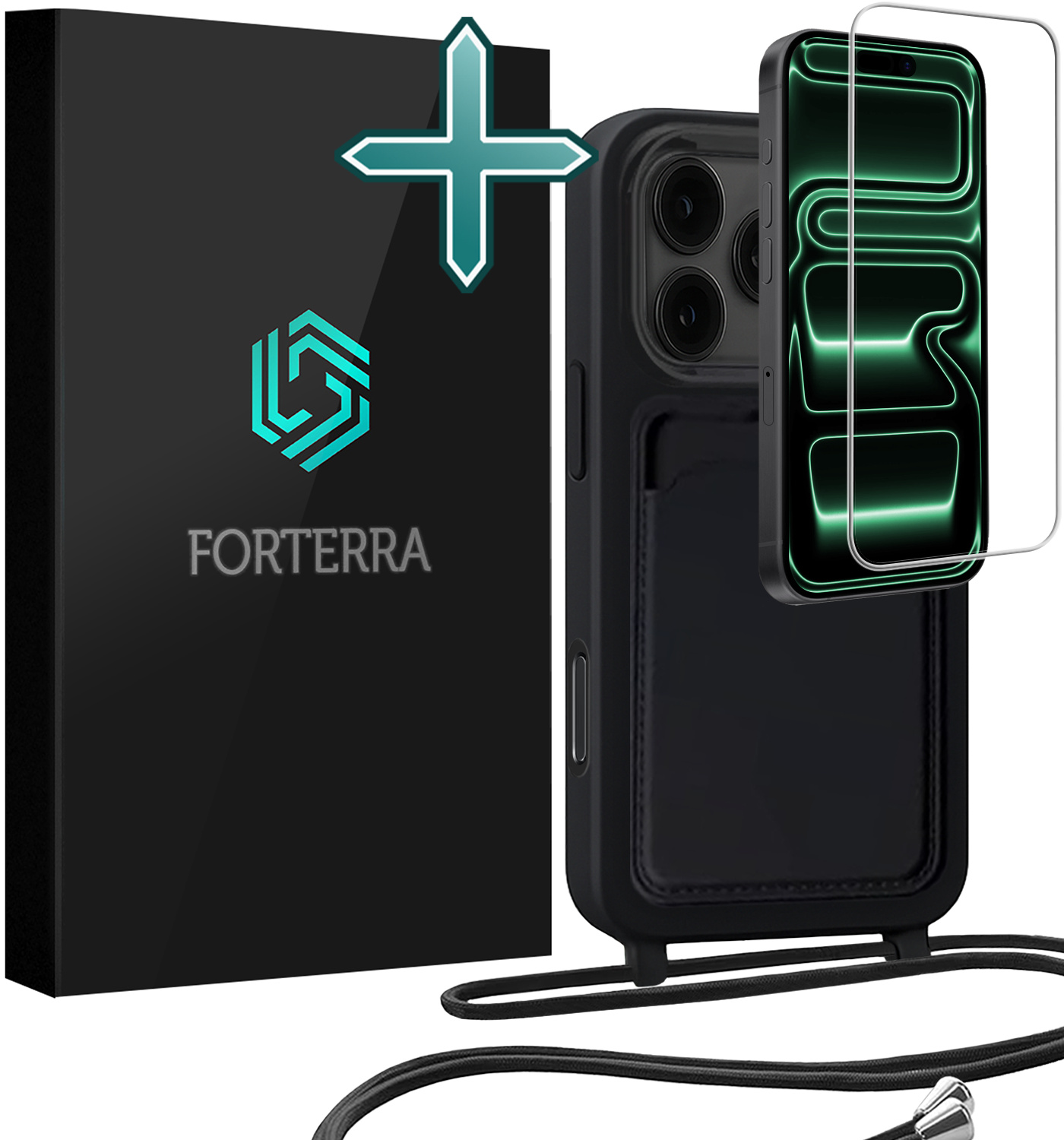 Forterra Forterra iPhone 17 Pro Hoesje Pashouder met Koord Met Screenprotector - Zwart