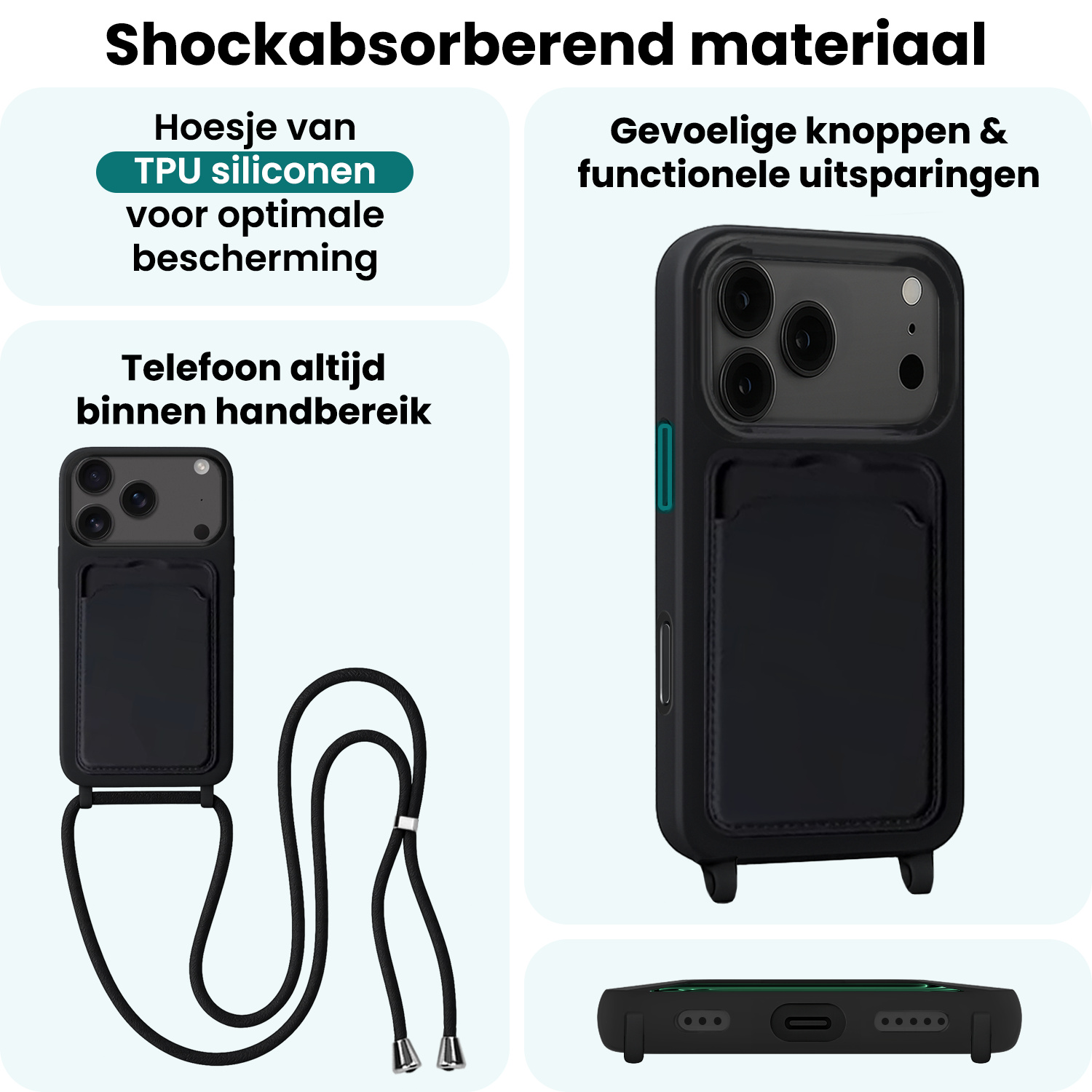 Forterra Forterra iPhone 17 Pro Hoesje Pashouder met Koord Met Screenprotector - Zwart
