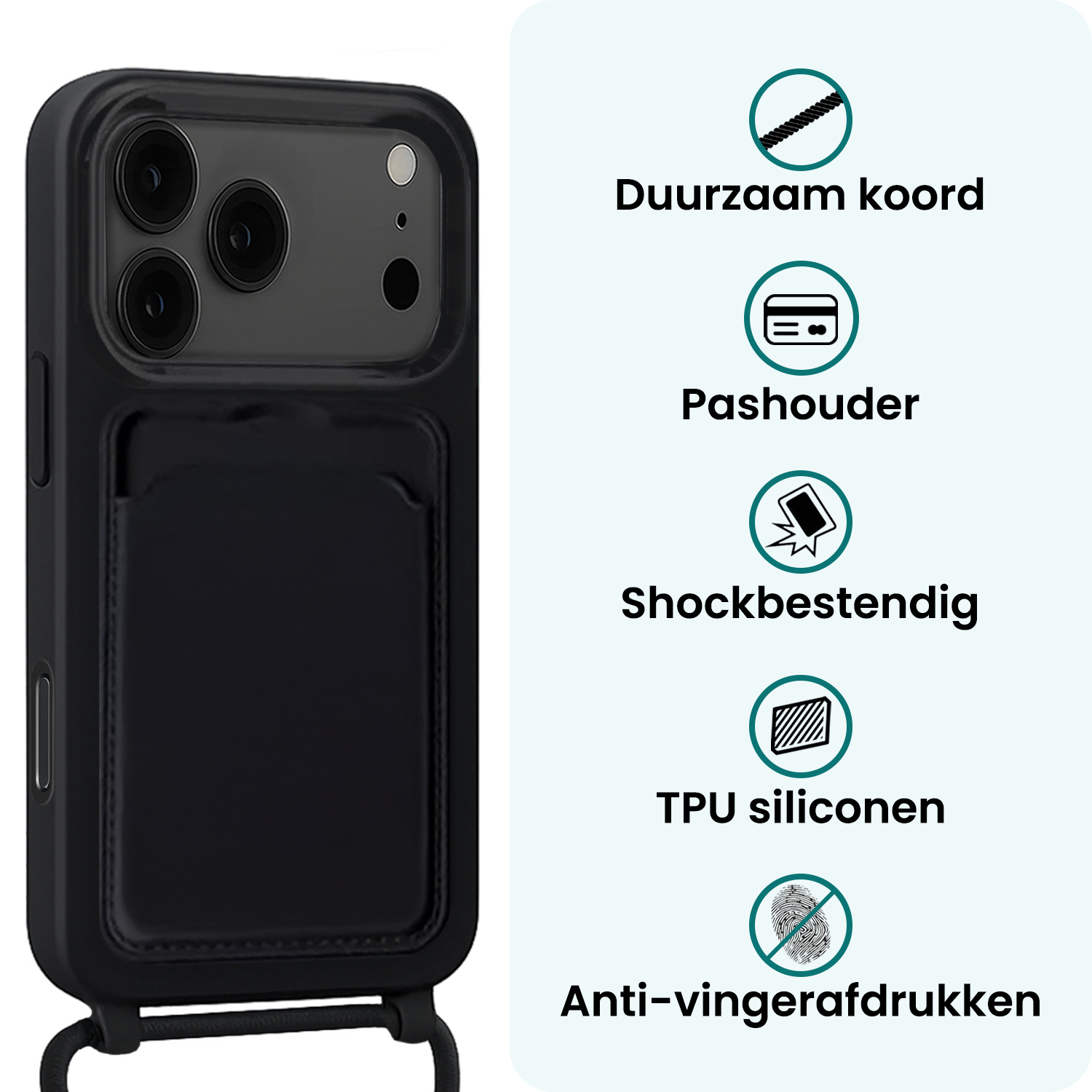 Forterra Forterra iPhone 17 Pro Hoesje Pashouder met Koord Met 2x Screenprotector - Zwart