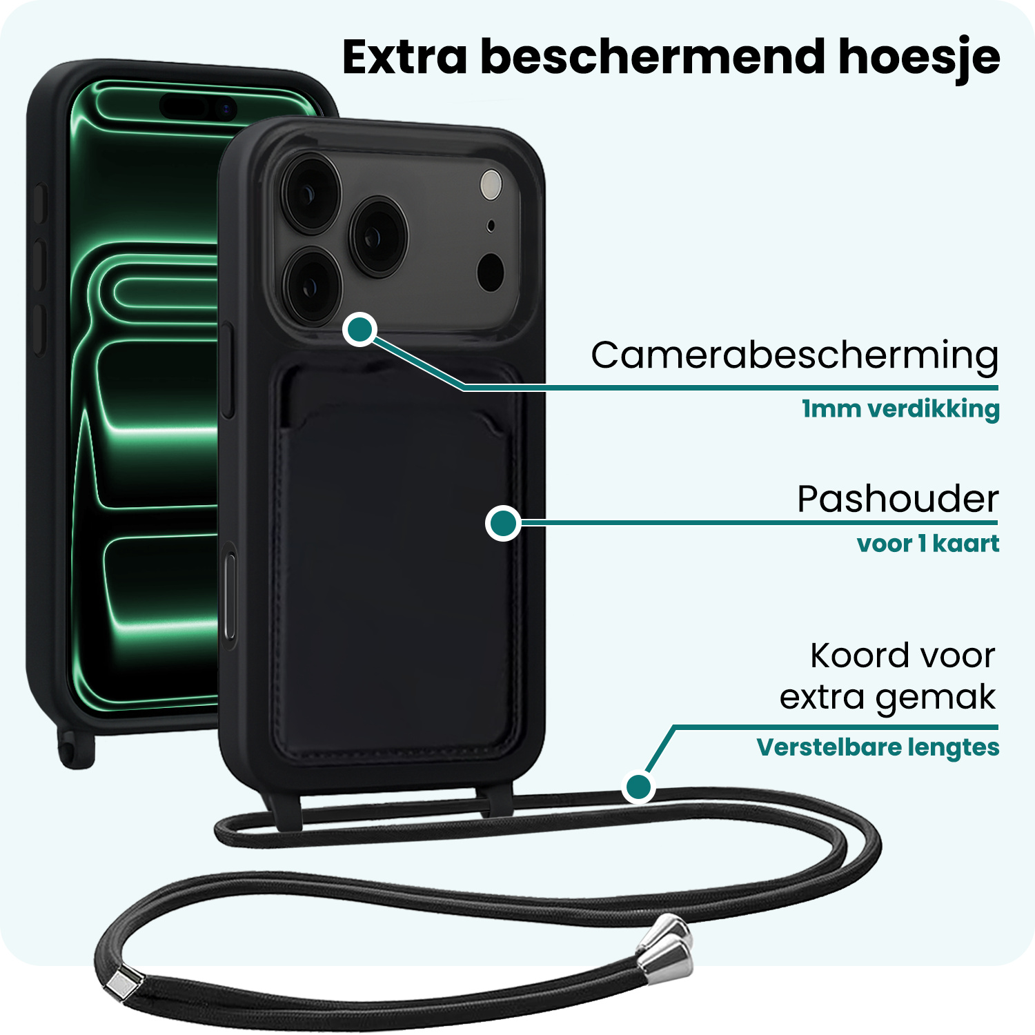 Forterra Forterra iPhone 17 Pro Hoesje Pashouder met Koord Met 2x Screenprotector - Zwart