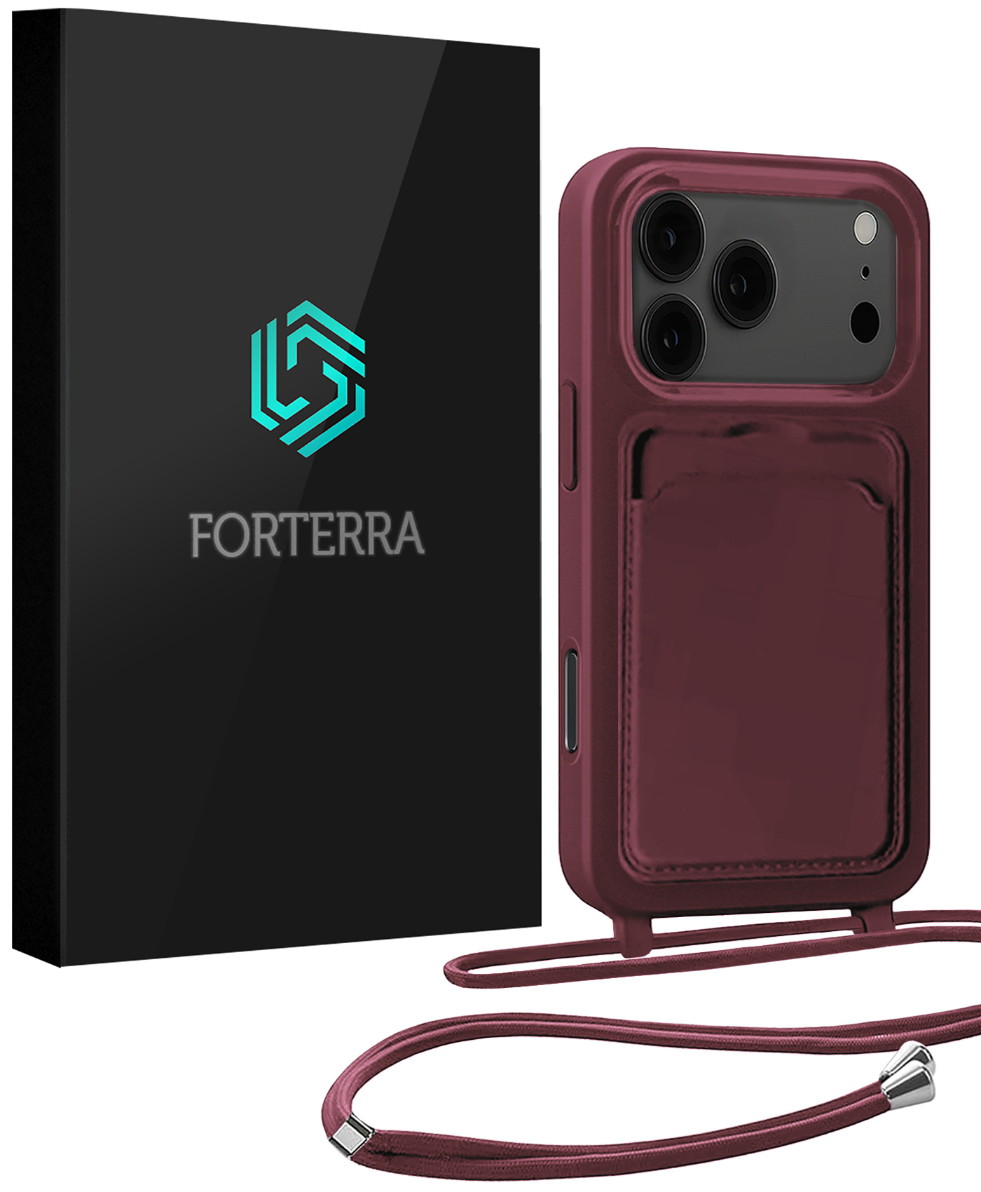 Forterra Forterra iPhone 17 Pro Max Hoesje Pashouder met Koord - Aubergine