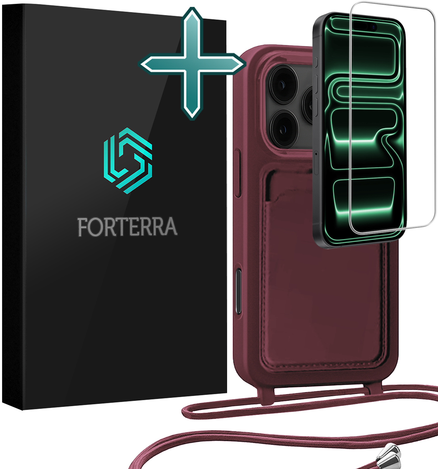 Forterra Forterra iPhone 17 Pro Max Hoesje Pashouder met Koord Met Screenprotector - Aubergine