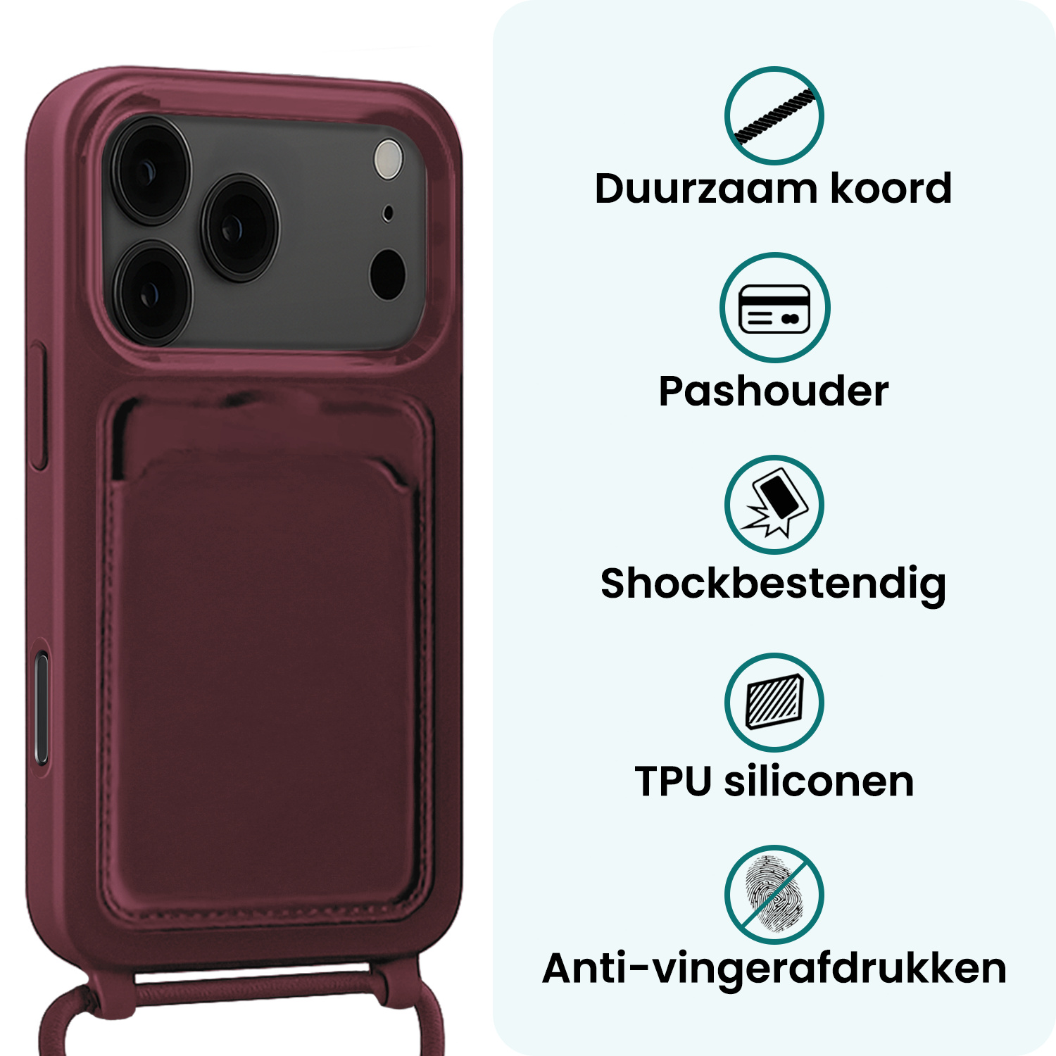 Forterra Forterra iPhone 17 Pro Max Hoesje Pashouder met Koord Met Screenprotector - Aubergine
