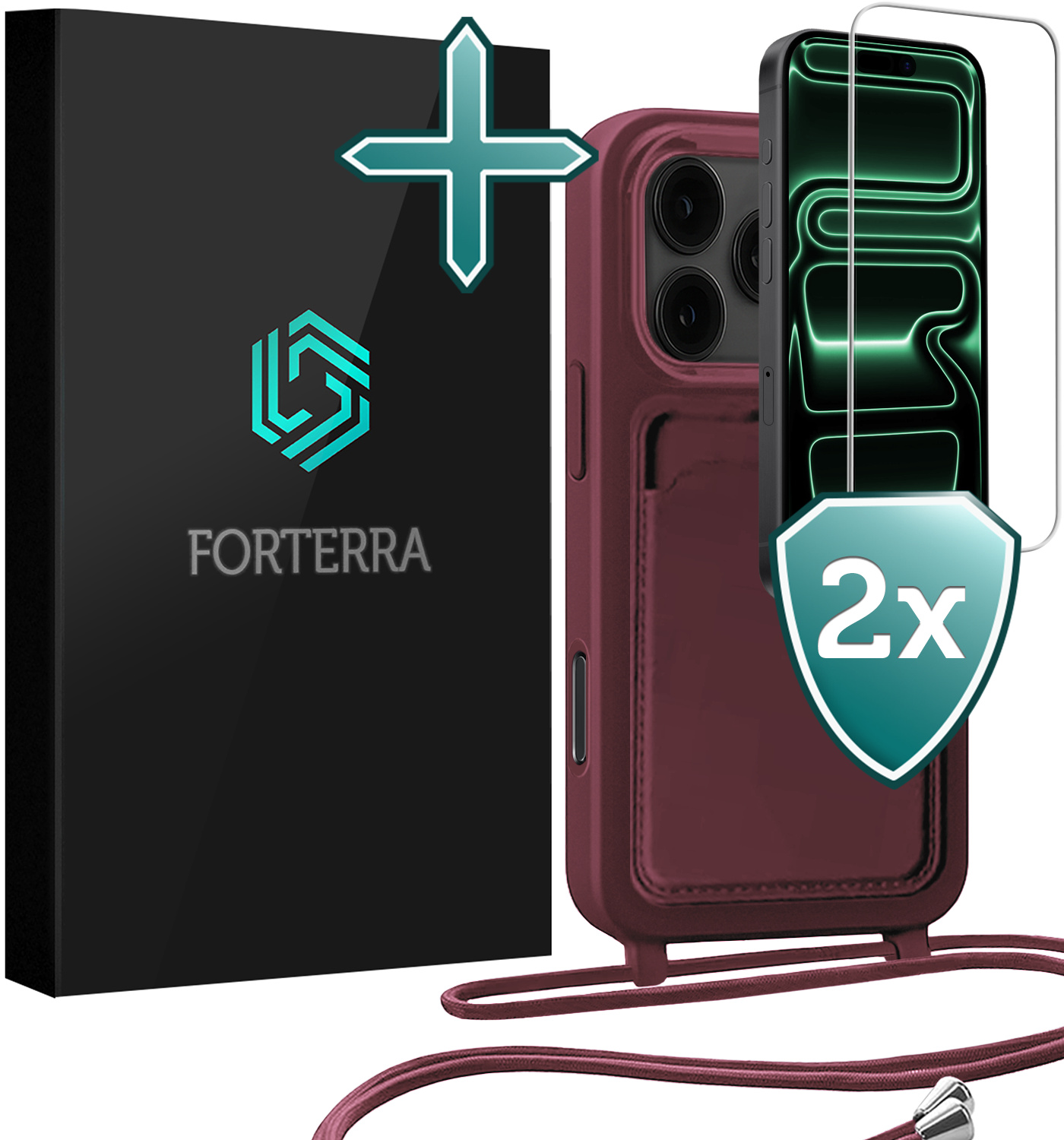 Forterra Forterra iPhone 17 Pro Max Hoesje Pashouder met Koord Met 2x Screenprotector - Aubergine