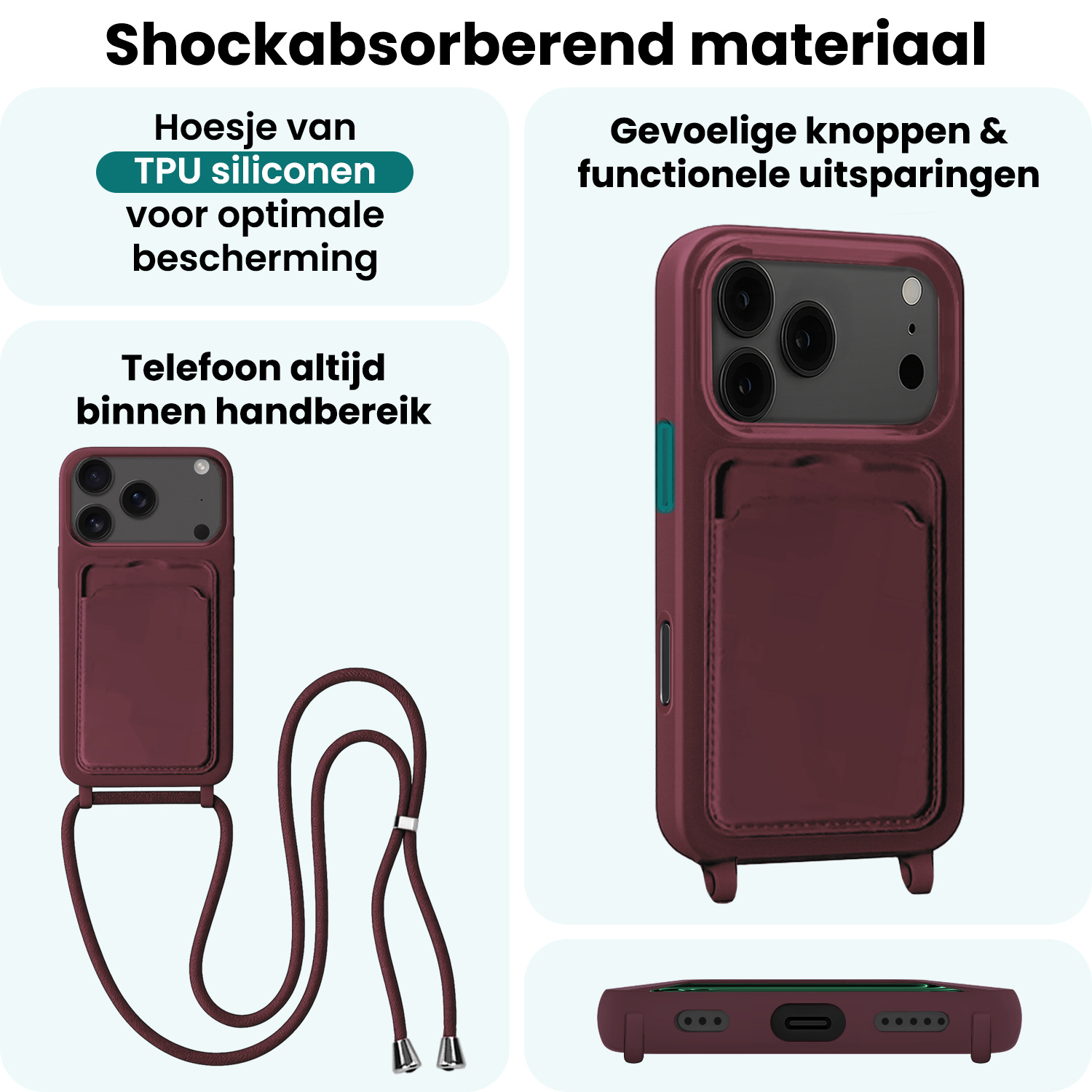 Forterra Forterra iPhone 17 Pro Max Hoesje Pashouder met Koord Met 2x Screenprotector - Aubergine