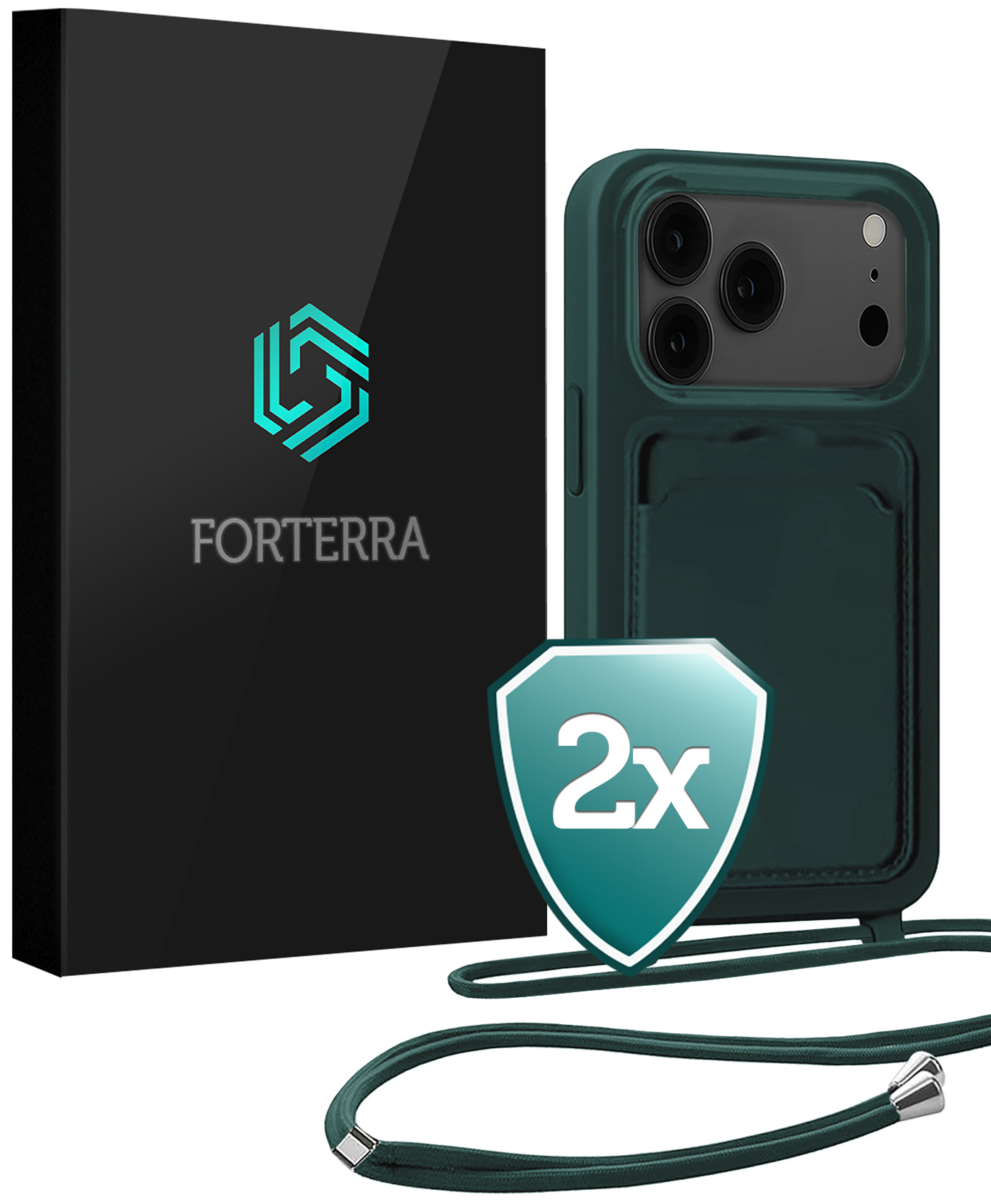 Forterra Forterra iPhone 17 Pro Max Hoesje Pashouder met Koord - Donkergroen - 2 PACK