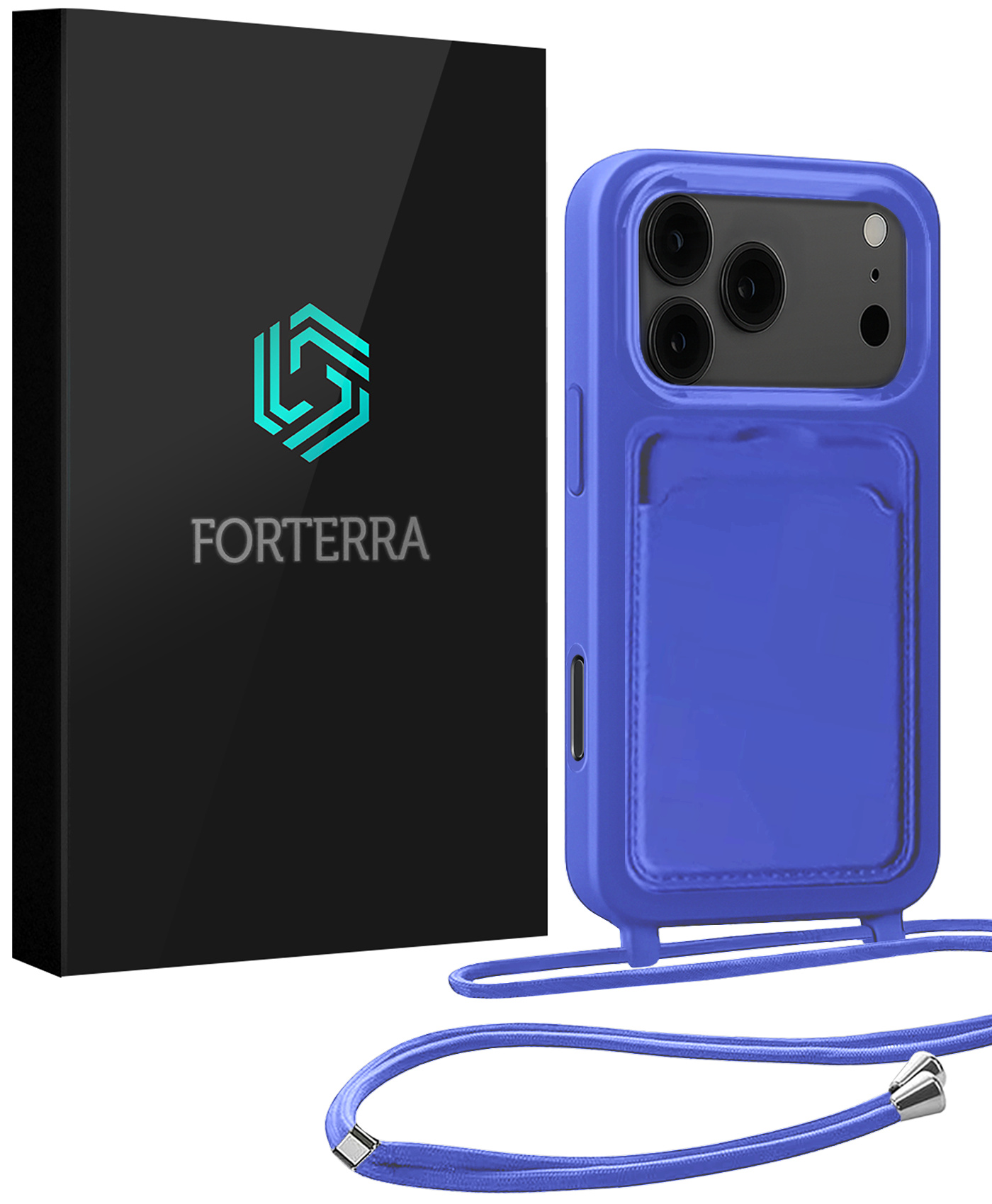 Forterra Forterra iPhone 17 Pro Max Hoesje Pashouder met Koord - Fel Blauw