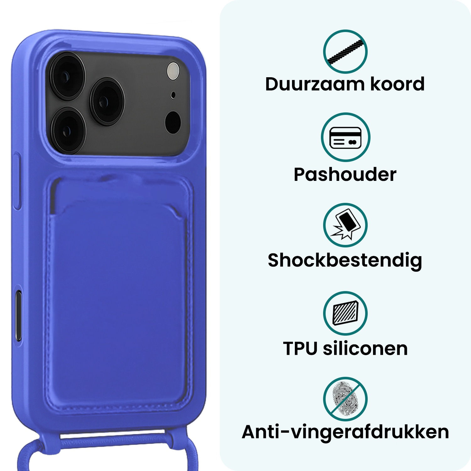 Forterra Forterra iPhone 17 Pro Max Hoesje Pashouder met Koord - Fel Blauw