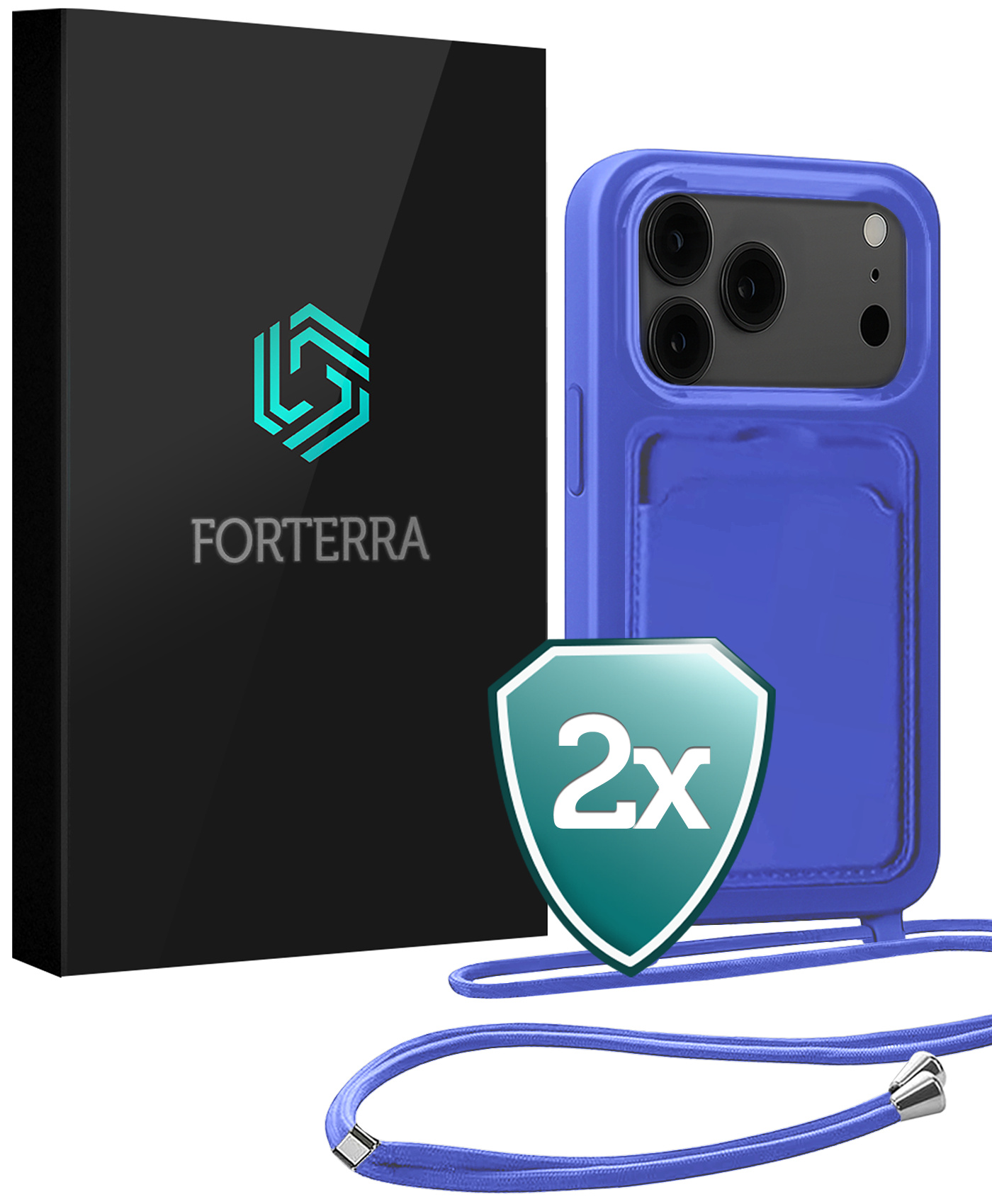 Forterra Forterra iPhone 17 Pro Max Hoesje Pashouder met Koord - Fel Blauw - 2 PACK