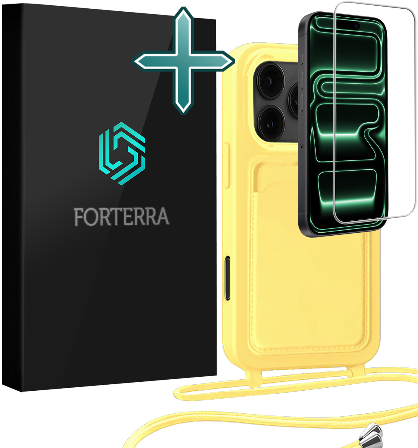 Forterra Forterra iPhone 17 Pro Max Hoesje Pashouder met Koord Met Screenprotector - Geel