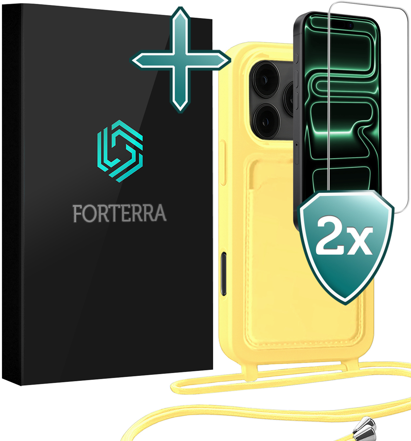 Forterra Forterra iPhone 17 Pro Max Hoesje Pashouder met Koord Met 2x Screenprotector - Geel