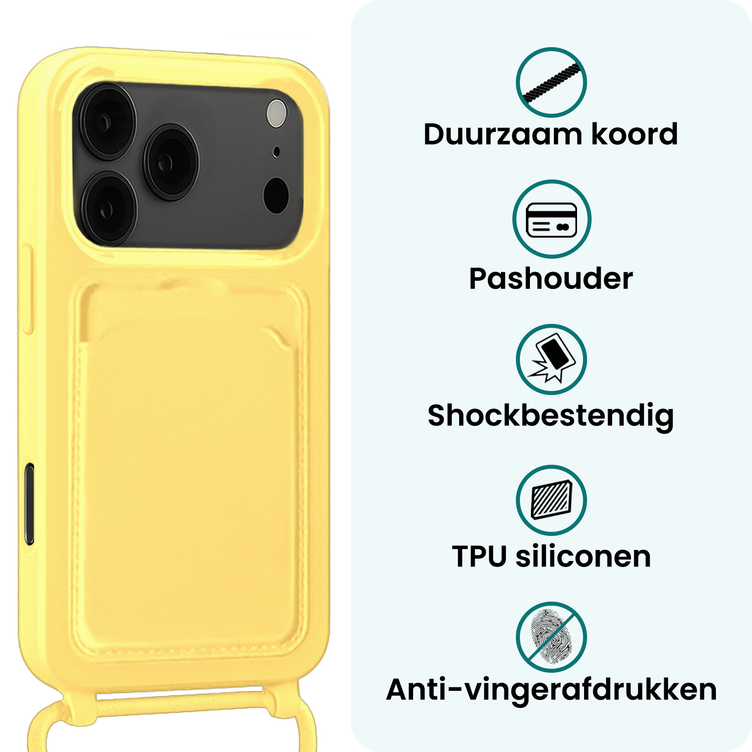 Forterra Forterra iPhone 17 Pro Max Hoesje Pashouder met Koord Met 2x Screenprotector - Geel