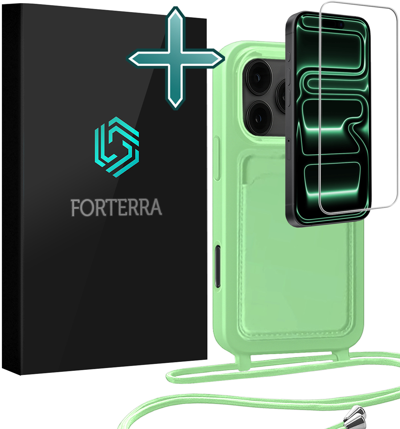 Forterra Forterra iPhone 17 Pro Max Hoesje Pashouder met Koord Met Screenprotector - Groen