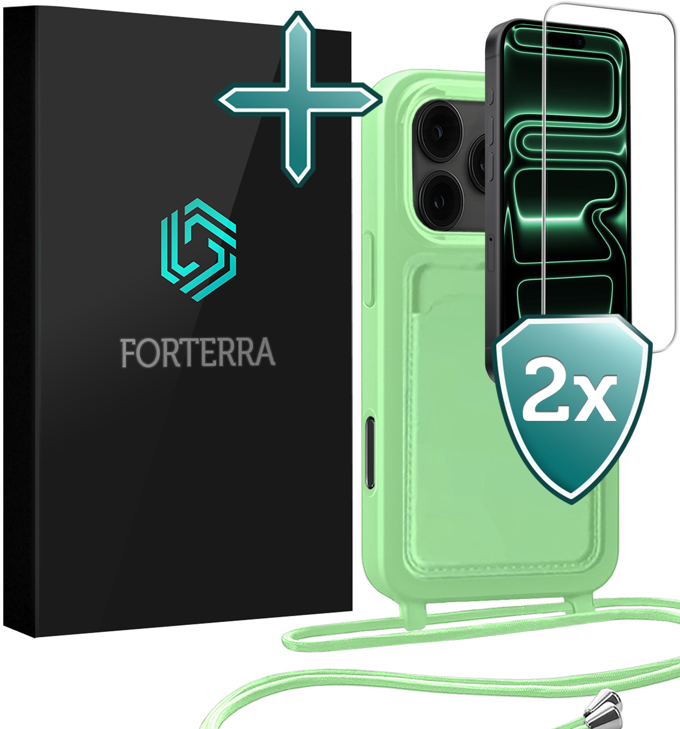 Forterra Forterra iPhone 17 Pro Max Hoesje Pashouder met Koord Met 2x Screenprotector - Groen