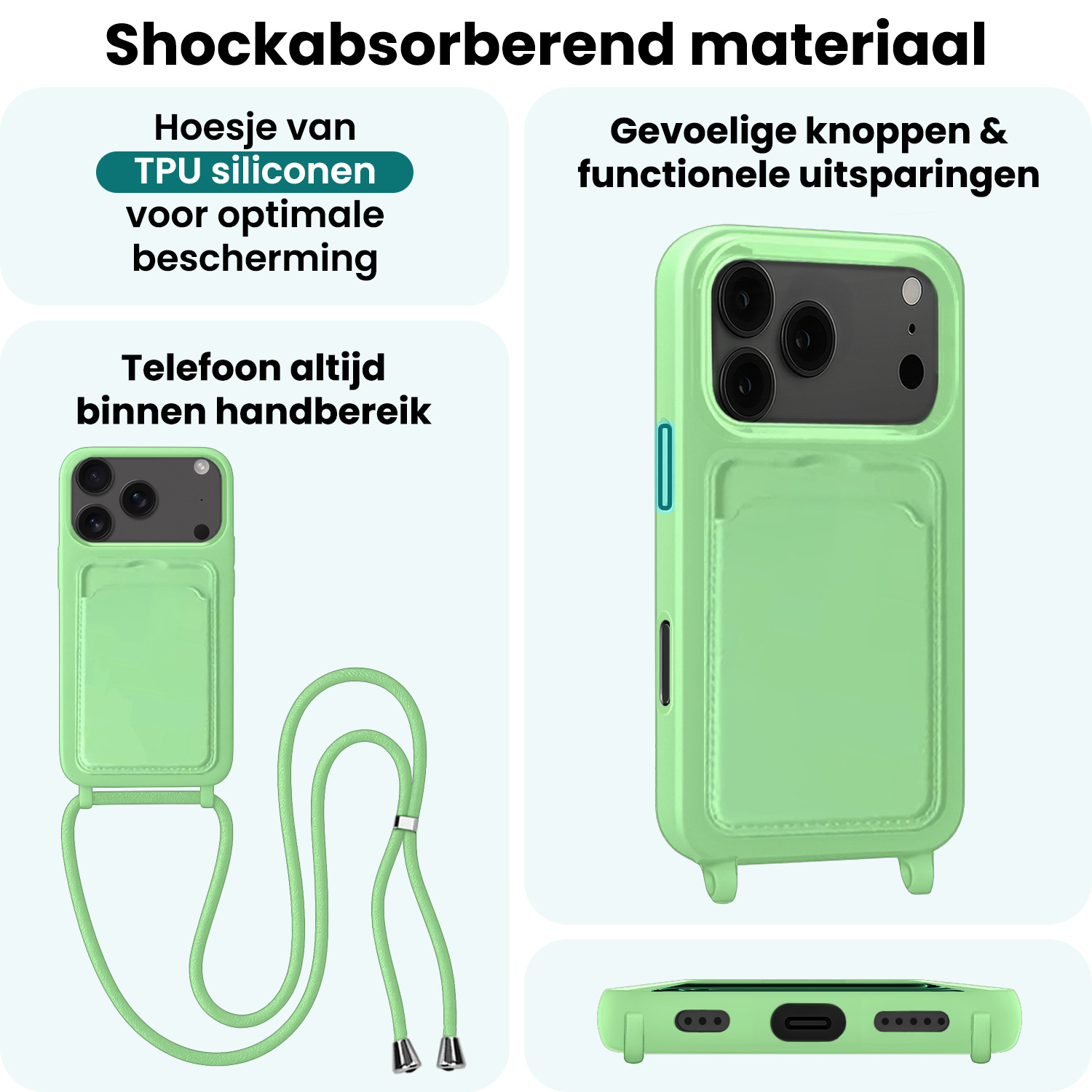 Forterra Forterra iPhone 17 Pro Max Hoesje Pashouder met Koord Met 2x Screenprotector - Groen