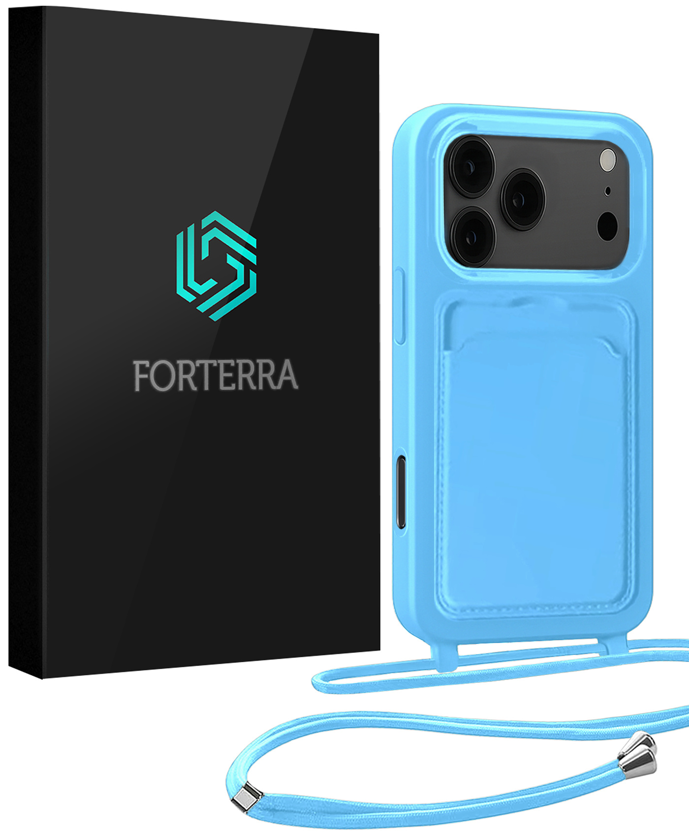 Forterra Forterra iPhone 17 Pro Max Hoesje Pashouder met Koord - Lichtblauw