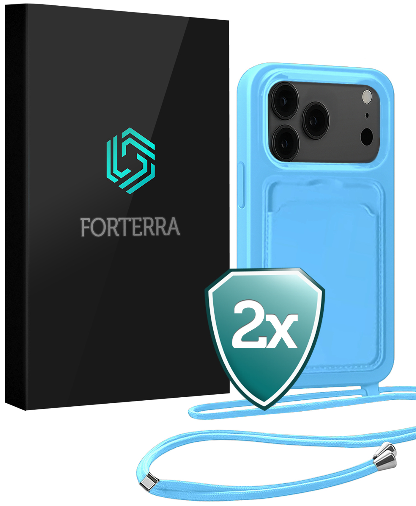 Forterra Forterra iPhone 17 Pro Max Hoesje Pashouder met Koord - Lichtblauw - 2 PACK