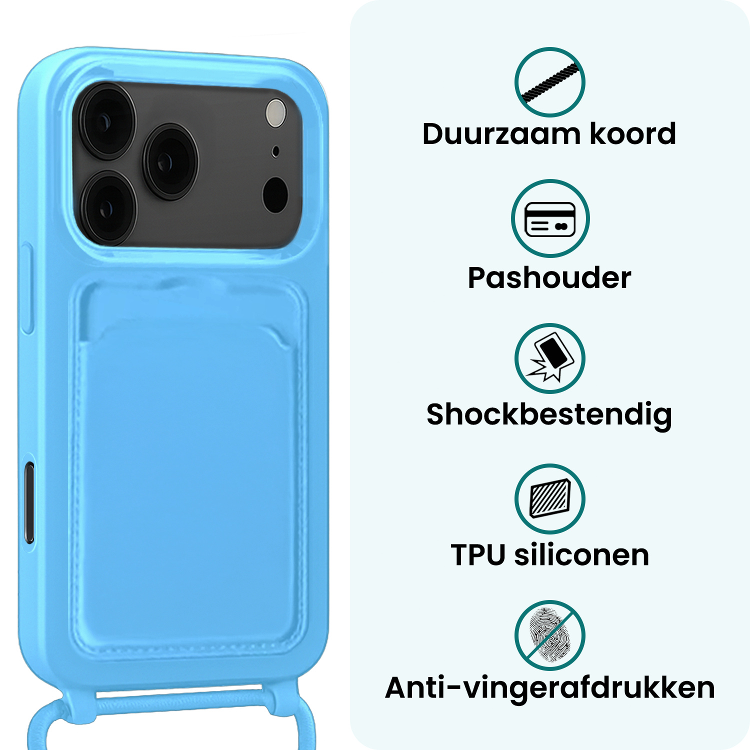 Forterra Forterra iPhone 17 Pro Max Hoesje Pashouder met Koord - Lichtblauw - 2 PACK