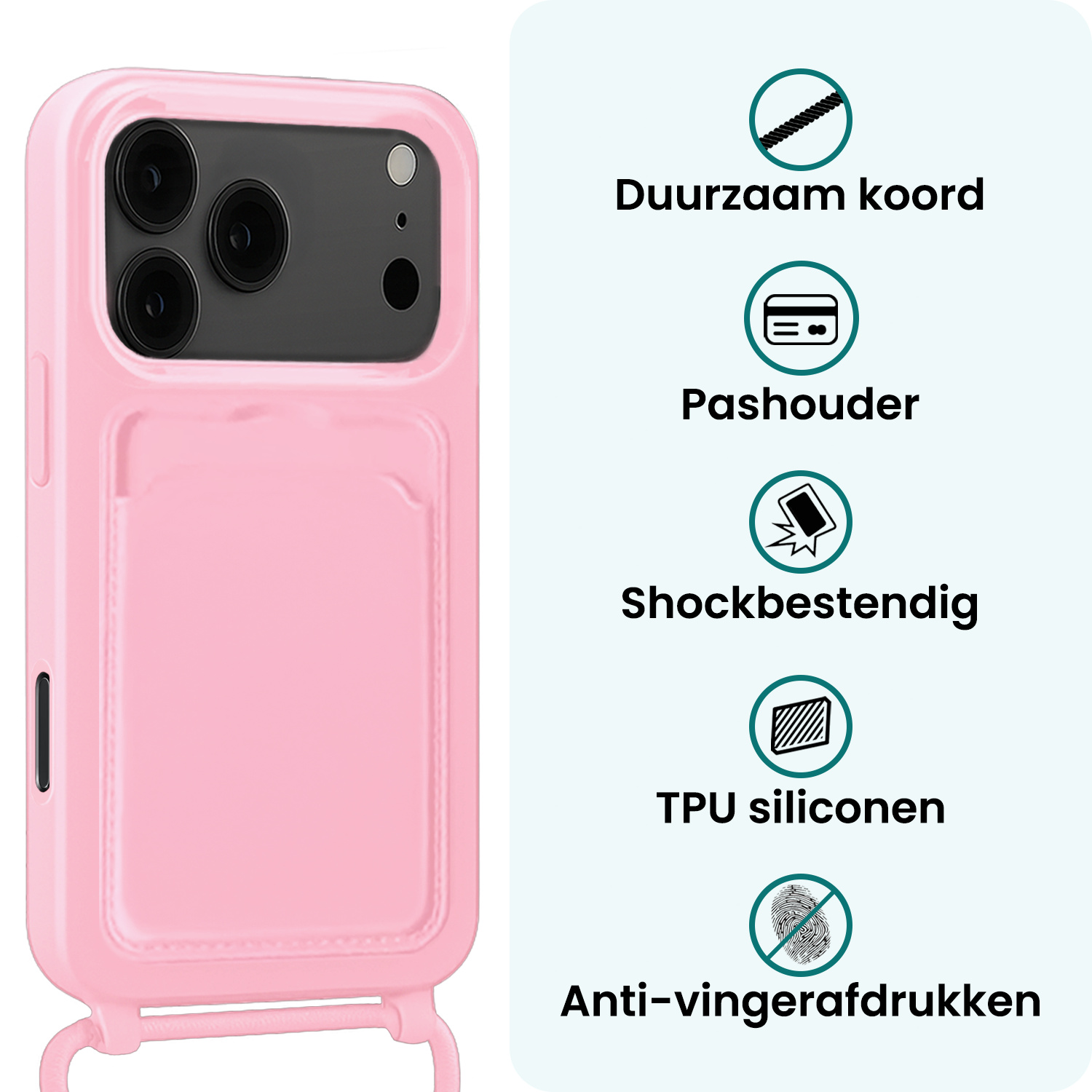 Forterra Forterra iPhone 17 Pro Max Hoesje Pashouder met Koord - Lichtroze