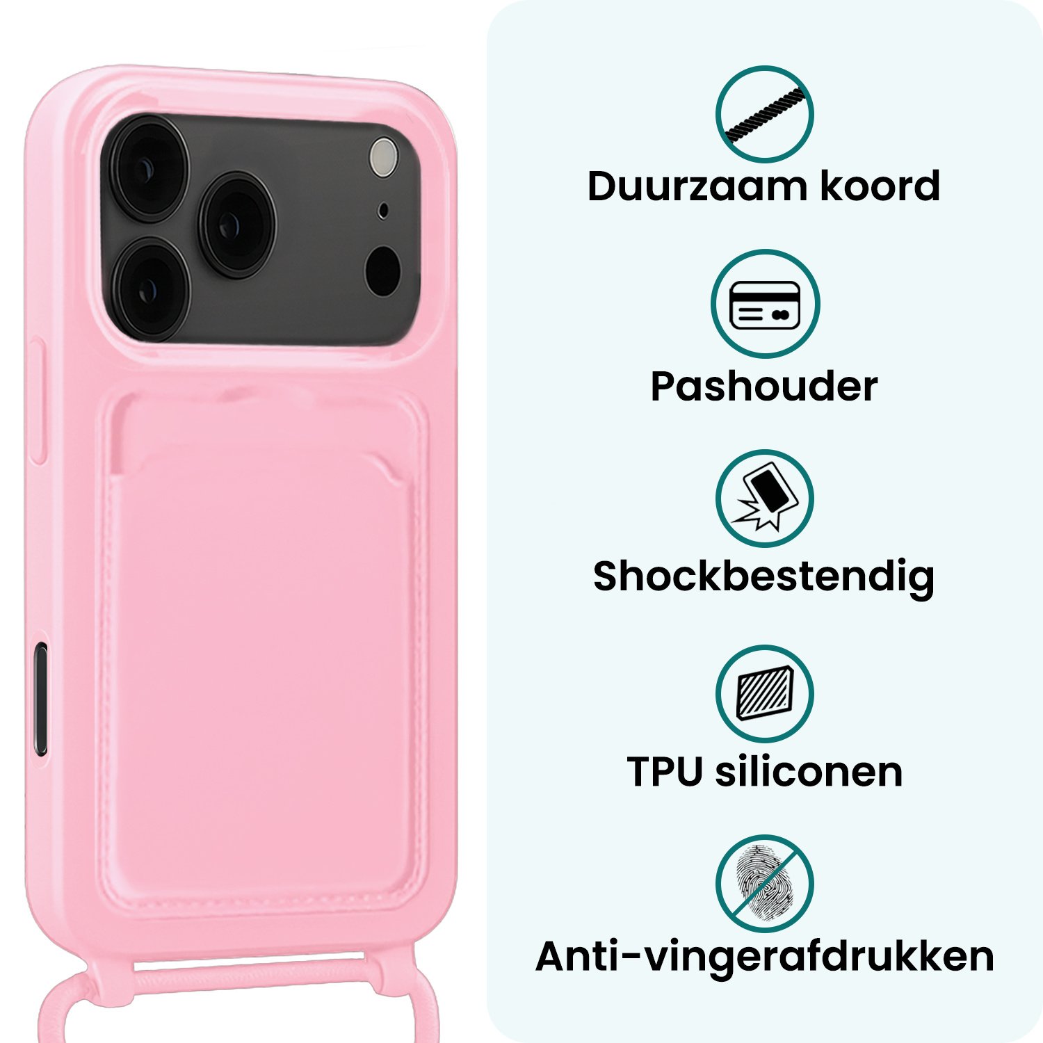 Forterra Forterra iPhone 17 Pro Max Hoesje Pashouder met Koord Met Screenprotector - Lichtroze