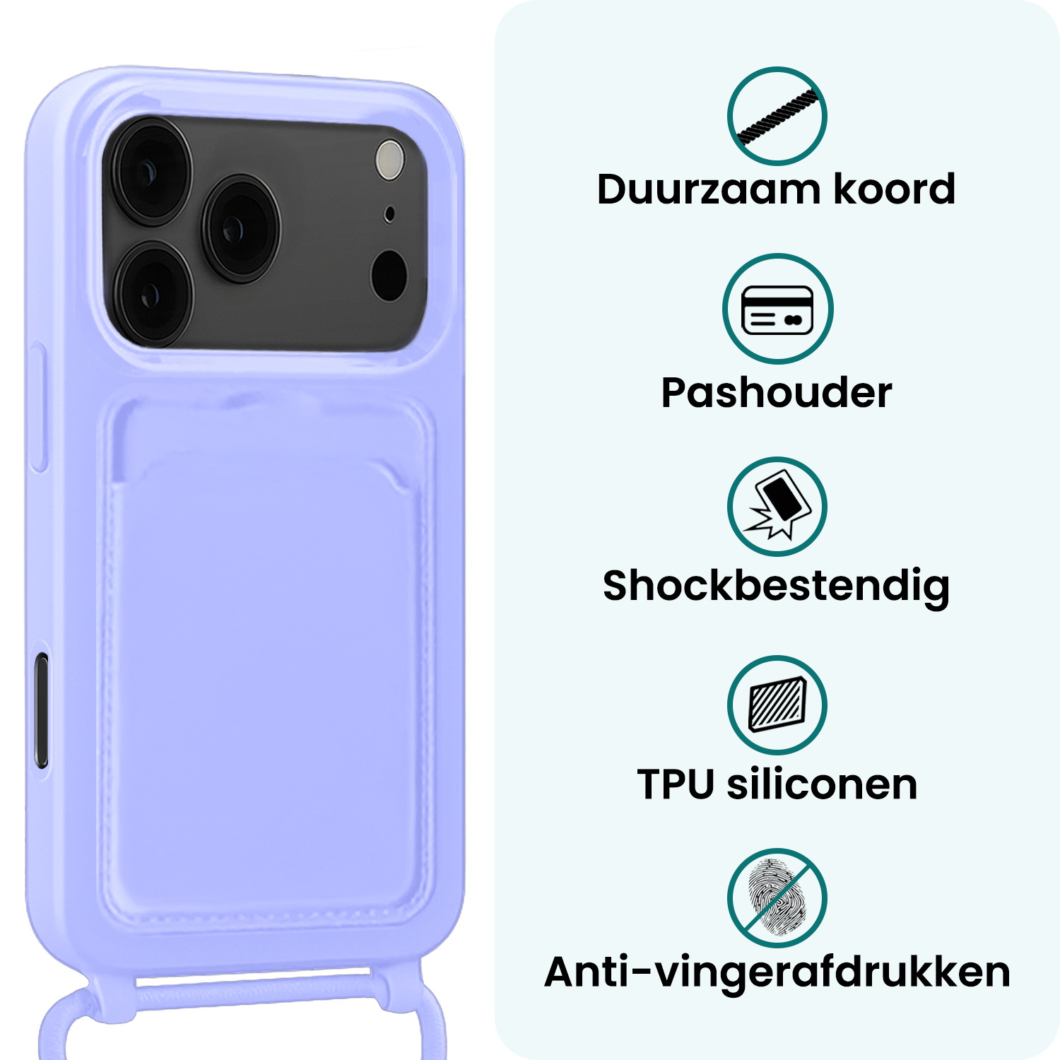 Forterra Forterra iPhone 17 Pro Max Hoesje Pashouder met Koord Met 2x Screenprotector - Lila