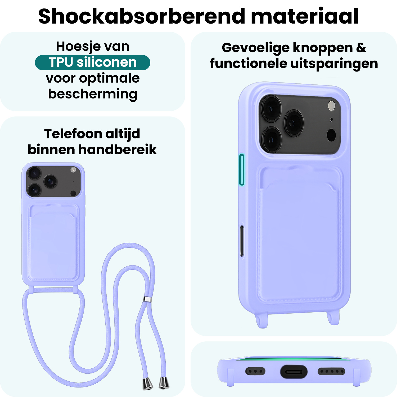 Forterra Forterra iPhone 17 Pro Max Hoesje Pashouder met Koord Met 2x Screenprotector - Lila