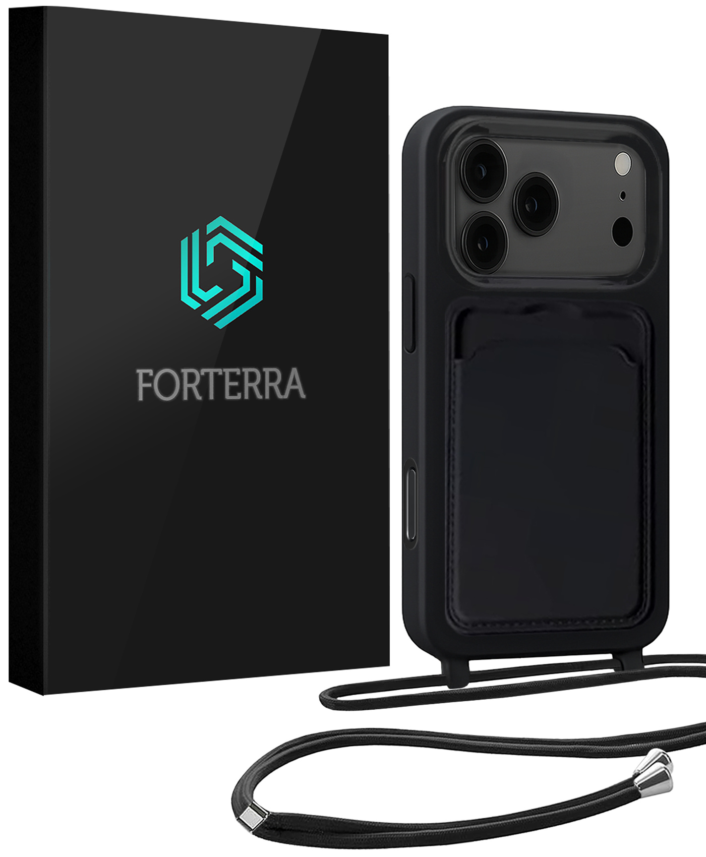 Forterra Forterra iPhone 17 Pro Max Hoesje Pashouder met Koord - Zwart