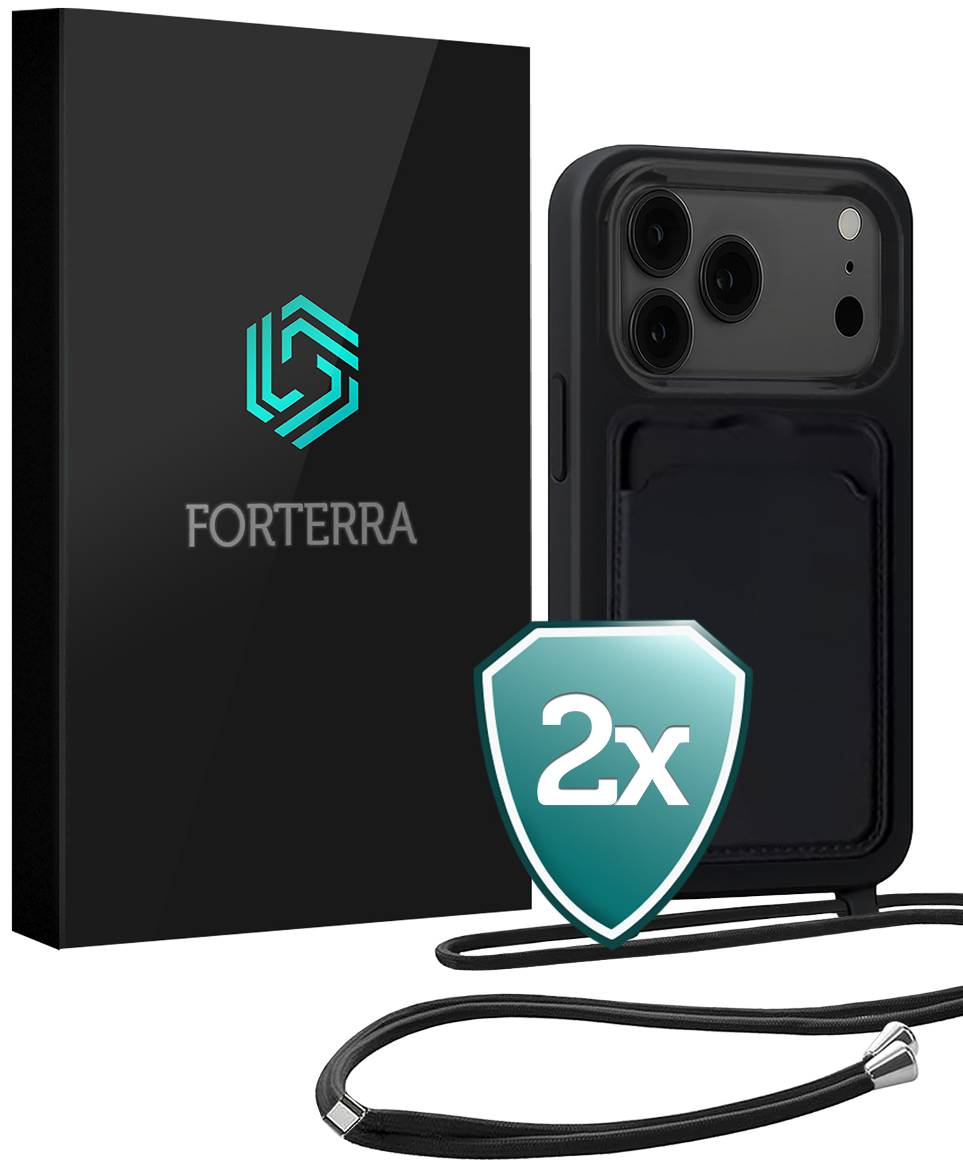 Forterra Forterra iPhone 17 Pro Max Hoesje Pashouder met Koord - Zwart - 2 PACK