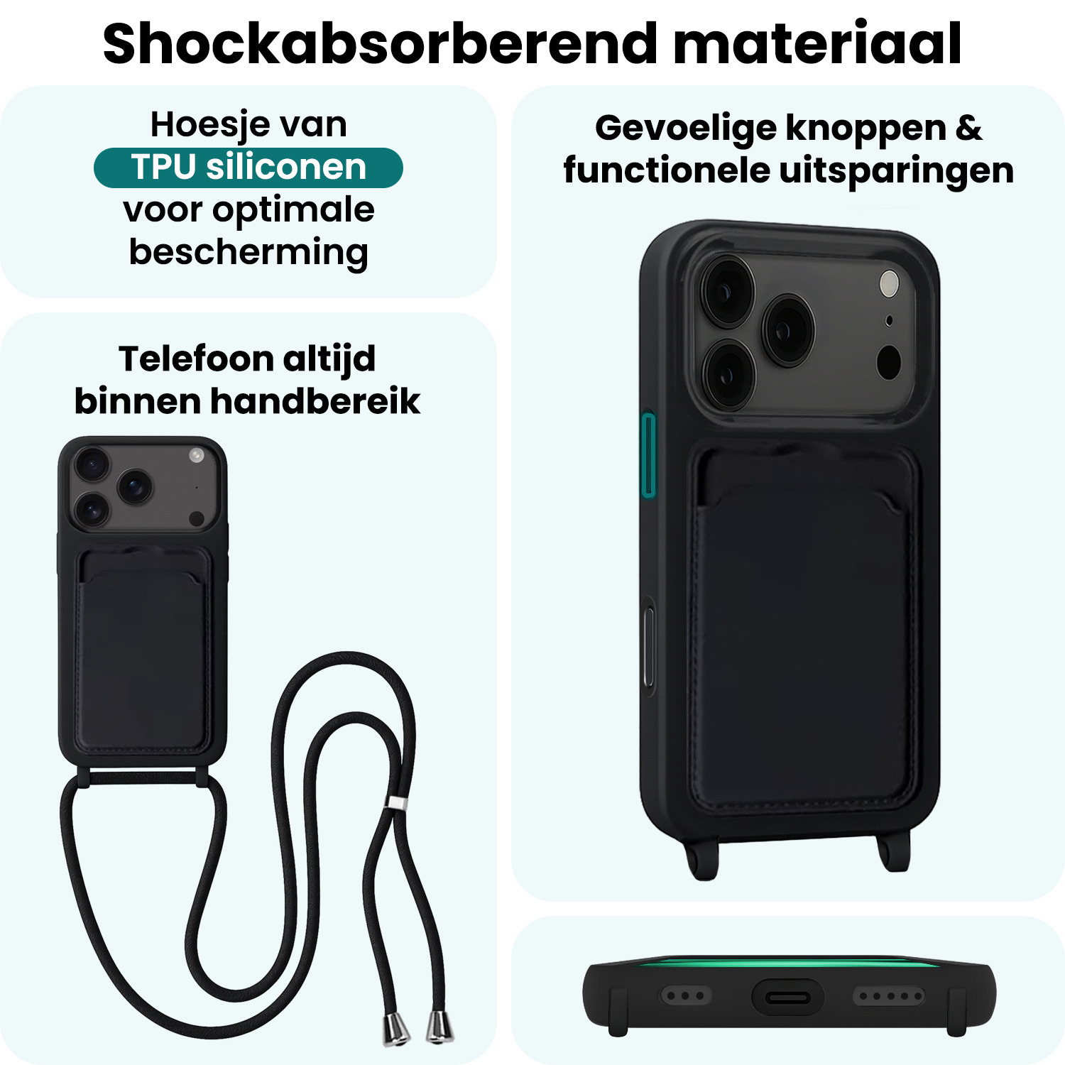 Forterra Forterra iPhone 17 Pro Max Hoesje Pashouder met Koord - Zwart - 2 PACK
