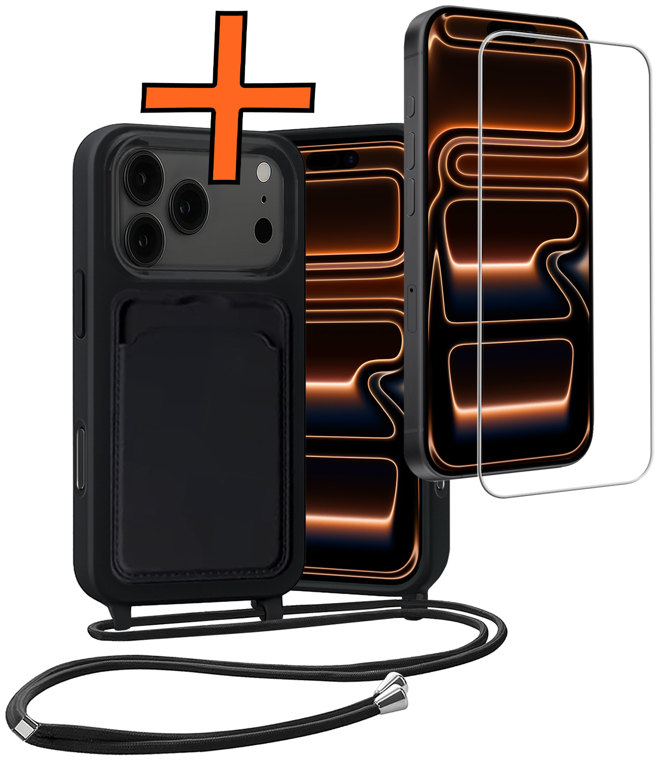 Nomfy Nomfy iPhone 17 Pro Max Hoesje Pashouder met Koord Met Screenprotector - Zwart